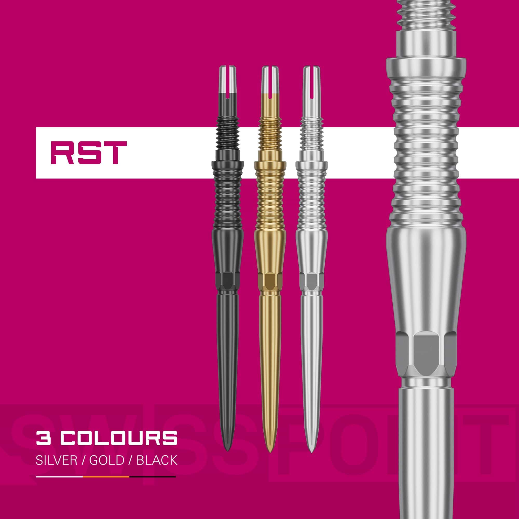 Zu sehen sind die Target Swiss Point Dartspitzen Signature RST in der Farbe Schwarz. Sie eignen sich optimal für professionelle Dartspieler.