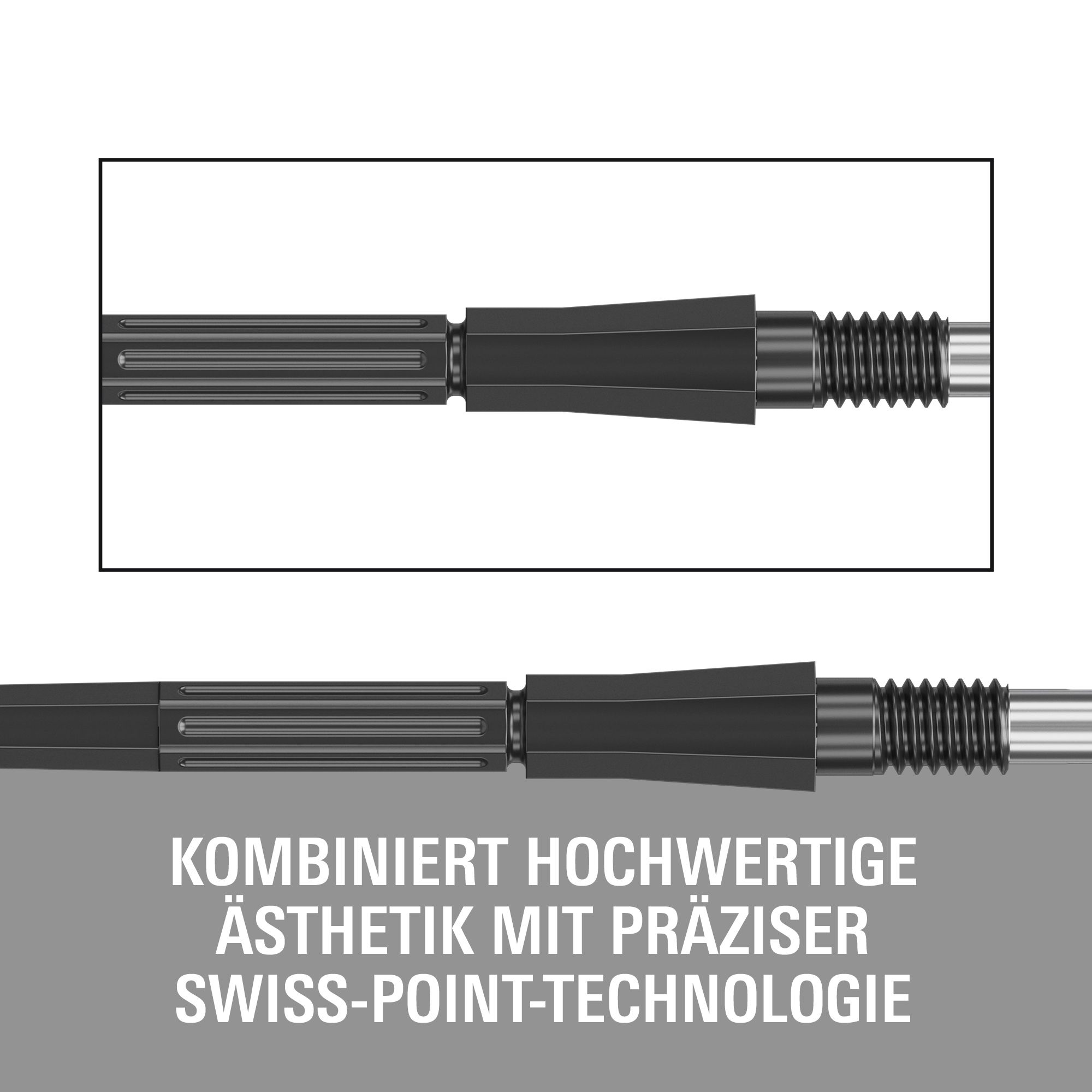 Das Bild zeigt die Target Elysian Archetype 43 Swiss Point Steeldartspitzen in Schwarz. Die Spitzen sind speziell für Dartspieler entworfen.