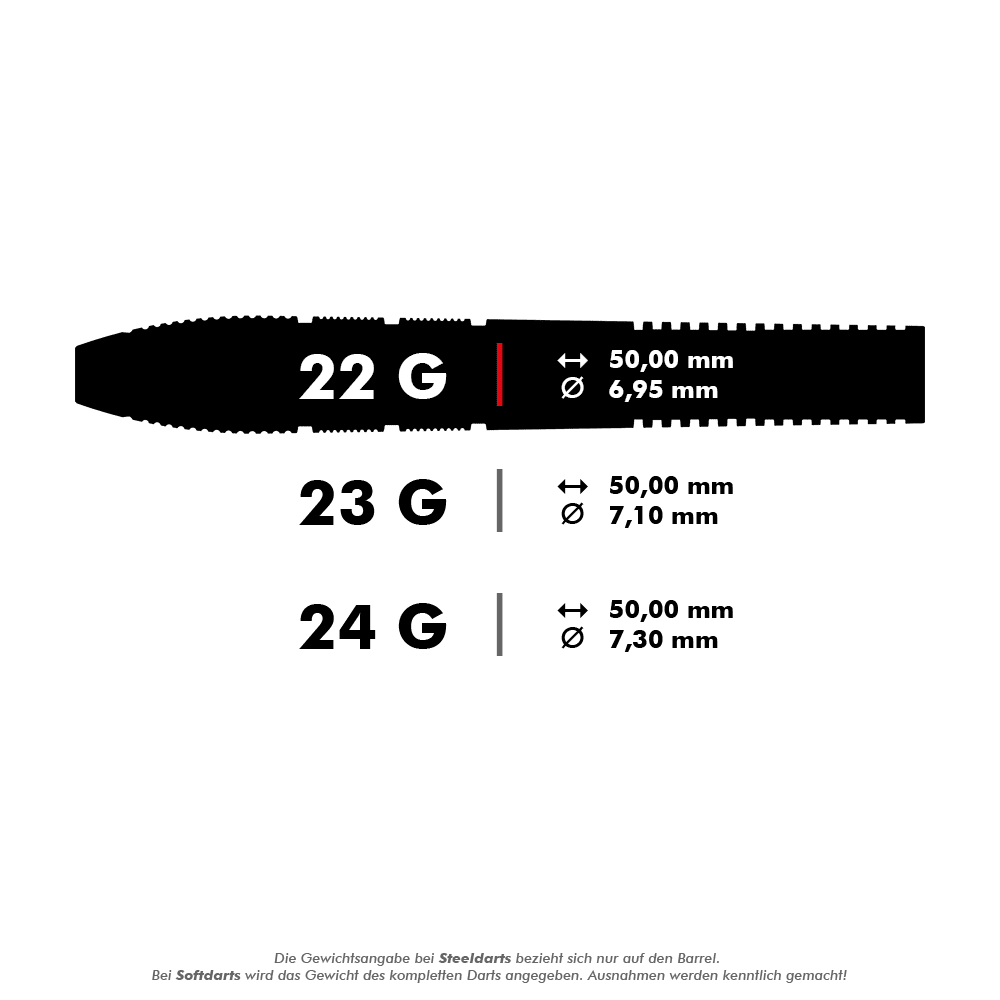 Target Nathan Aspinall X Echo Swiss Point steel darts Das Bild zeigt die Spezifikationen für Steeldarts in den Gewichtsklassen 22 g, 23 g und 24 g. Es werden jeweils die Länge und der Durchmesser der Darts angegeben.