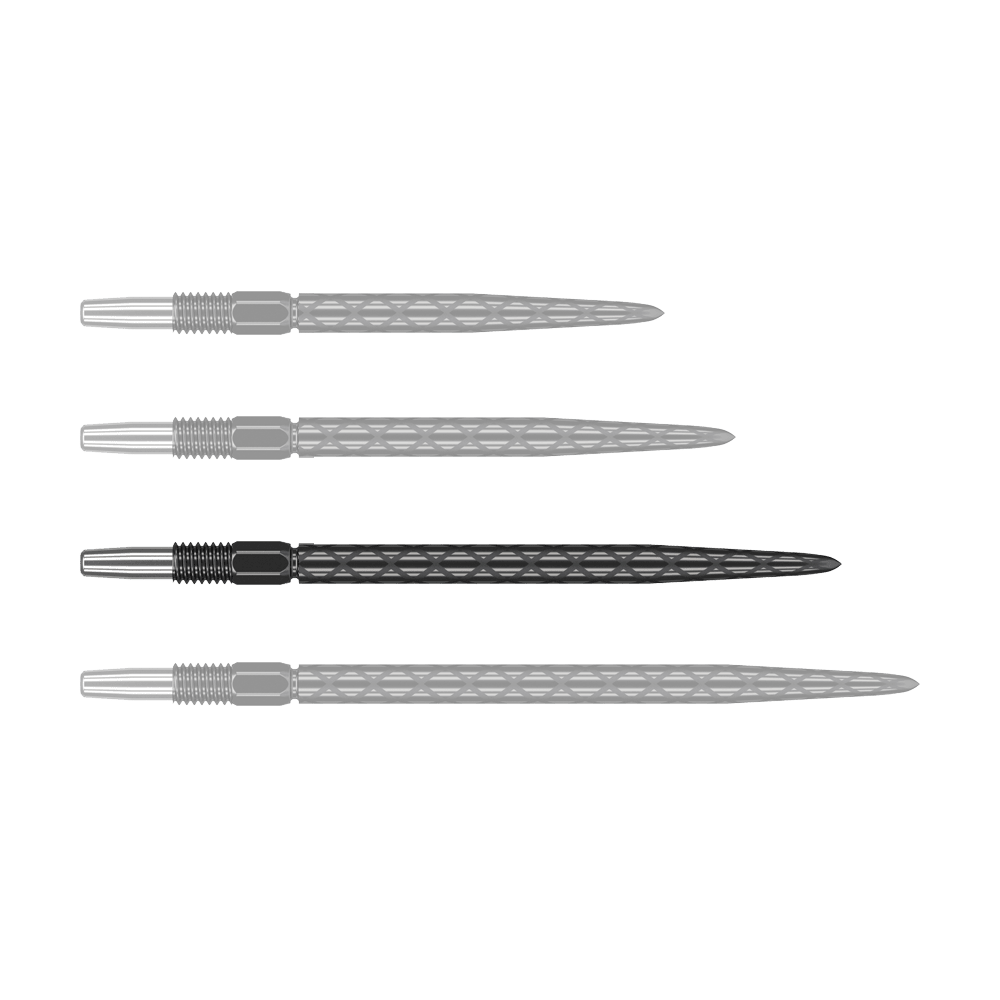 Target Swiss Diamond Pro Black Points dart tips Das Bild zeigt vier schwarze Dartspitzen mit einem rautenförmigen Muster. Sie sind nebeneinander auf weißem Hintergrund angeordnet.