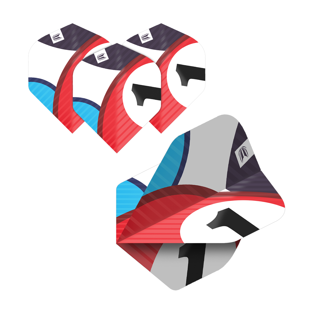 Das Bild zeigt fünf Sätze von Target Pro Ultra Chicane No2 Standard Flights für Darts. Die Flights sind bunt gestaltet mit Rot, Blau, Schwarz und Weiß und einer großen schwarzen Eins.