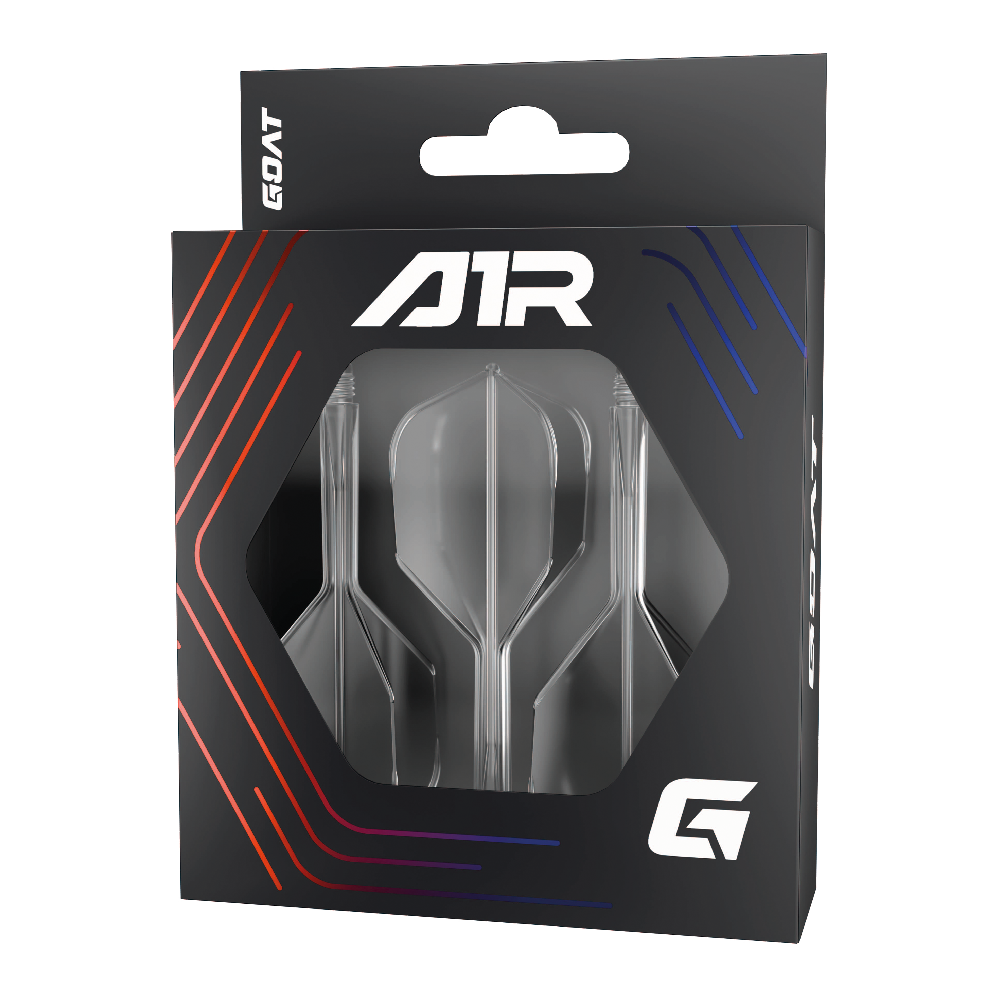 GOAT A1R No6 Flight Shaft System - Clear Die Abbildung zeigt das Produkt "GOAT A1R No6 Flight-Shaft-System - Clear" in einer schwarzen Verpackung mit Sichtfenster. In der Packung sind drei klare Flight-Shaft-Systeme für Dartpfeile zu sehen.