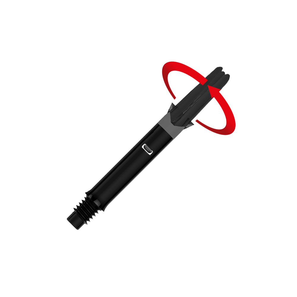 L-L-Style-Shafts Silent Straight - Black Das Bild zeigt einen schwarzen, geraden Dart-Schaft ohne Kappen. Ein roter Pfeil deutet eine Drehbewegung am oberen Ende des Schafts an.