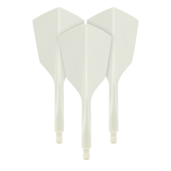 Auf dem Bild sind drei weiße Dartflights aus dem Set "Condor Axe 120 Flight-System White - Narrow" zu sehen. Die Flights haben eine schmale Form und sind miteinander verbunden.