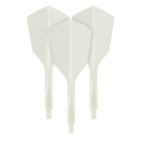 Condor Ax 120 Flight System White - Narrow Auf dem Bild sind drei weiße Dartflights aus dem Set "Condor Axe 120 Flight-System White - Narrow" zu sehen. Die Flights haben eine schmale Form und sind miteinander verbunden.