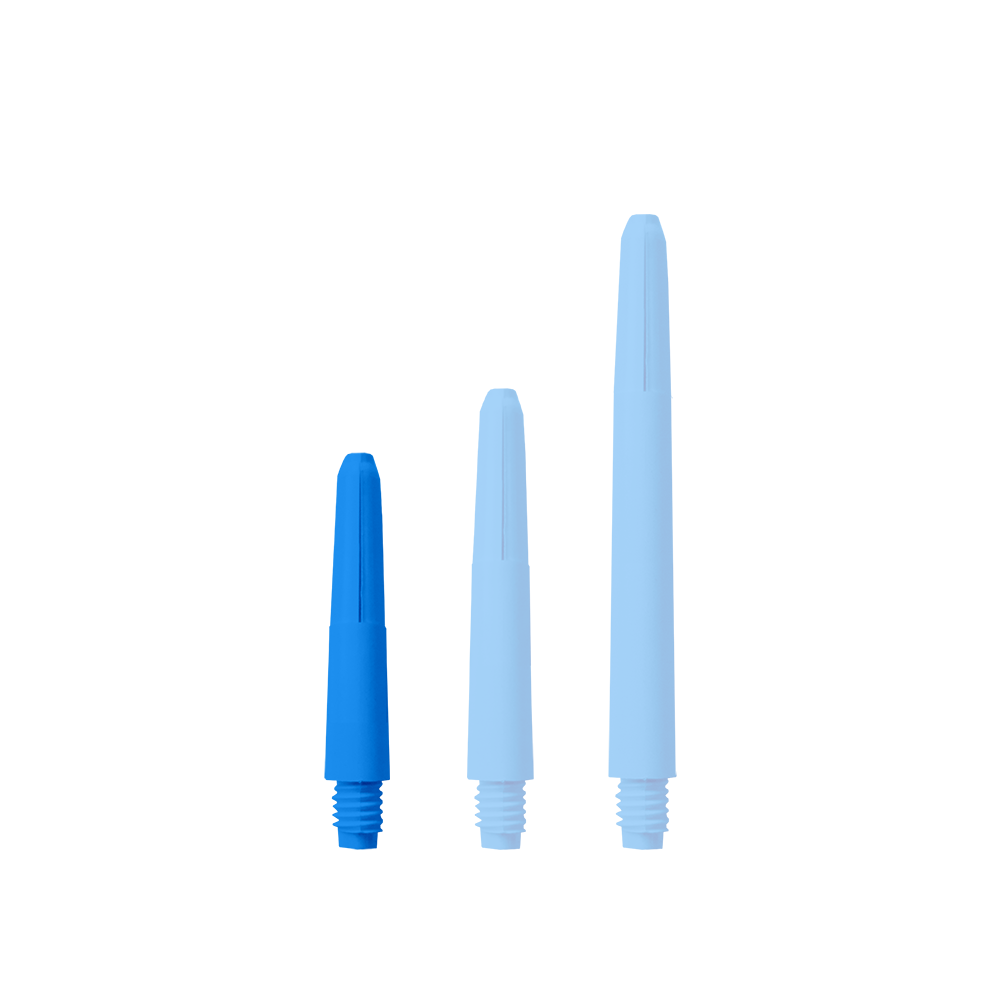 572_Nylon_Shafts_Blau_28mm_14C2m8Vqnjedt5 Das Bild zeigt drei blaue Nylon-Schäfte in unterschiedlichen Längen. Sie sind nebeneinander auf weißem Hintergrund angeordnet.