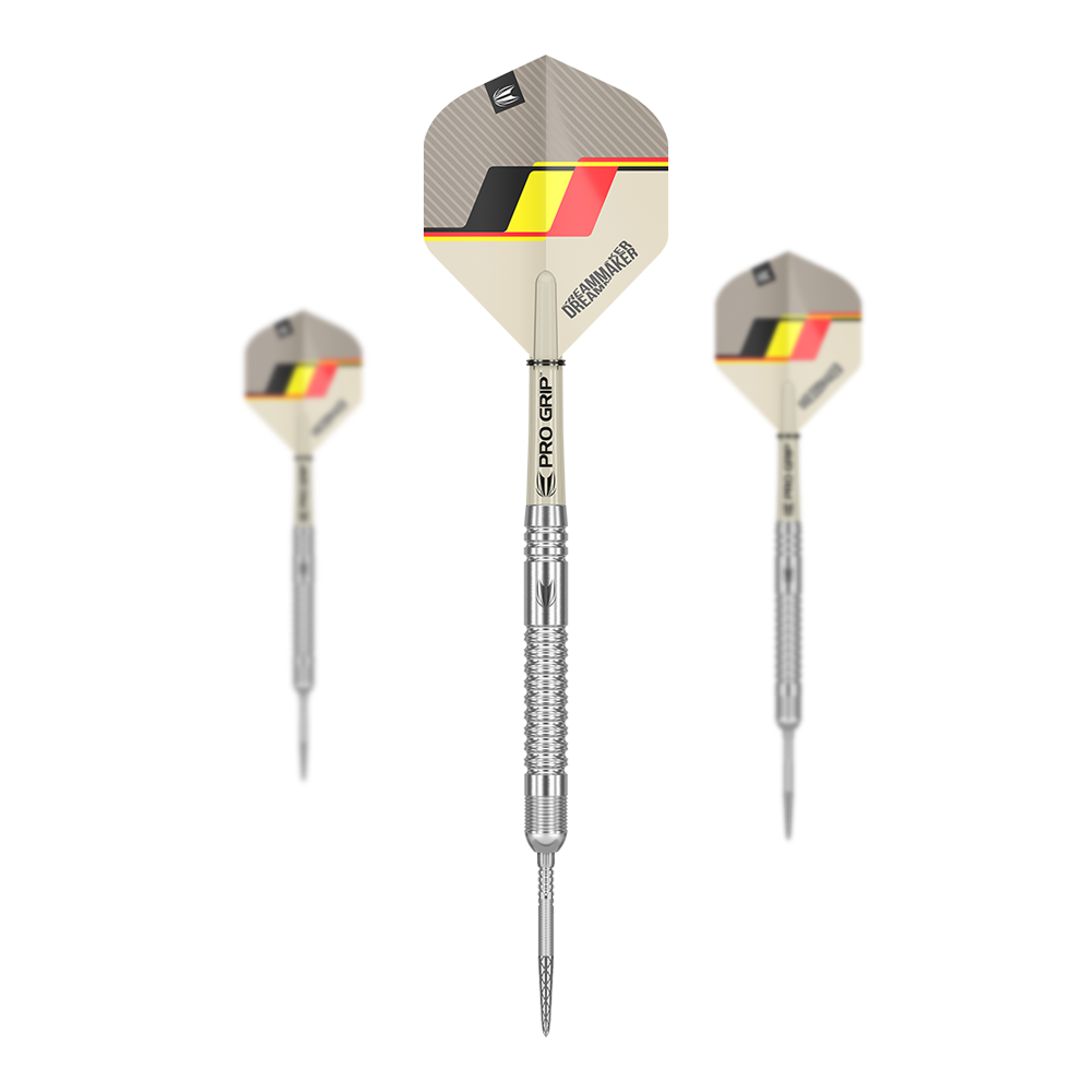 Target Dimitri Van Den Bergh GEN2 Swiss Point steel darts Das Bild zeigt drei Steeldarts des Modells "Target Dimitri Van Den Bergh GEN2 Swiss Point". Die Darts haben silberne Spitzen und Schäfte sowie Flights mit einem schwarz-gelb-roten Design.
