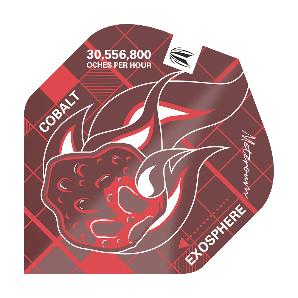Das Bild zeigt ein rotes Dart-Flight mit einer brennenden Meteor-Grafik. Auf dem Flight stehen die Wörter "COBALT", "EXOSPHERE" sowie "30,556,800 OCHES PER HOUR".