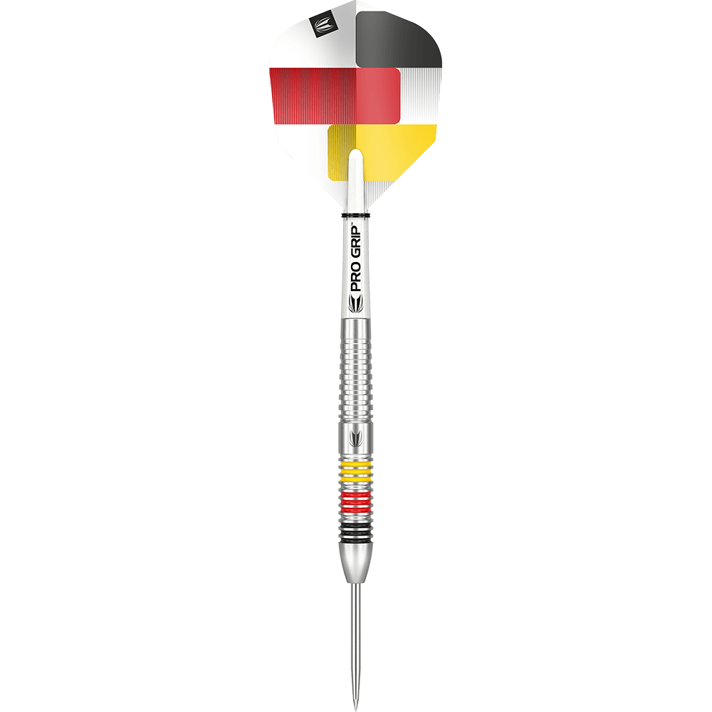 190098_Target_Gabriel_Clemens_80_Steeldarts_1dMKK0T5rMYf5V Das Bild zeigt einen Target Gabriel Clemens 80% Steeldart. Der Dartpfeil hat einen silbernen Schaft und eine Flights in den Farben der deutschen Flagge.
