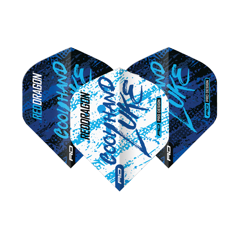 Das Bild zeigt drei Dart-Flights mit dem Design "Red Dragon Luke Humphries World Champion Blue White Yin Yang". Die Flights sind in Blau, Weiß und Schwarz gehalten und tragen die Aufschrift "Cool Hand Luke".