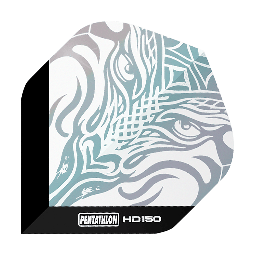 Pentathlon HD150 Metallic Clear Standard Flights Das Bild zeigt das Produkt "Pentathlon HD150 Metallic Clear Standard Flights". Auf dem Flight ist ein stilisiertes, metallisch schimmerndes Muster zu sehen, das an ein Tiergesicht erinnert.