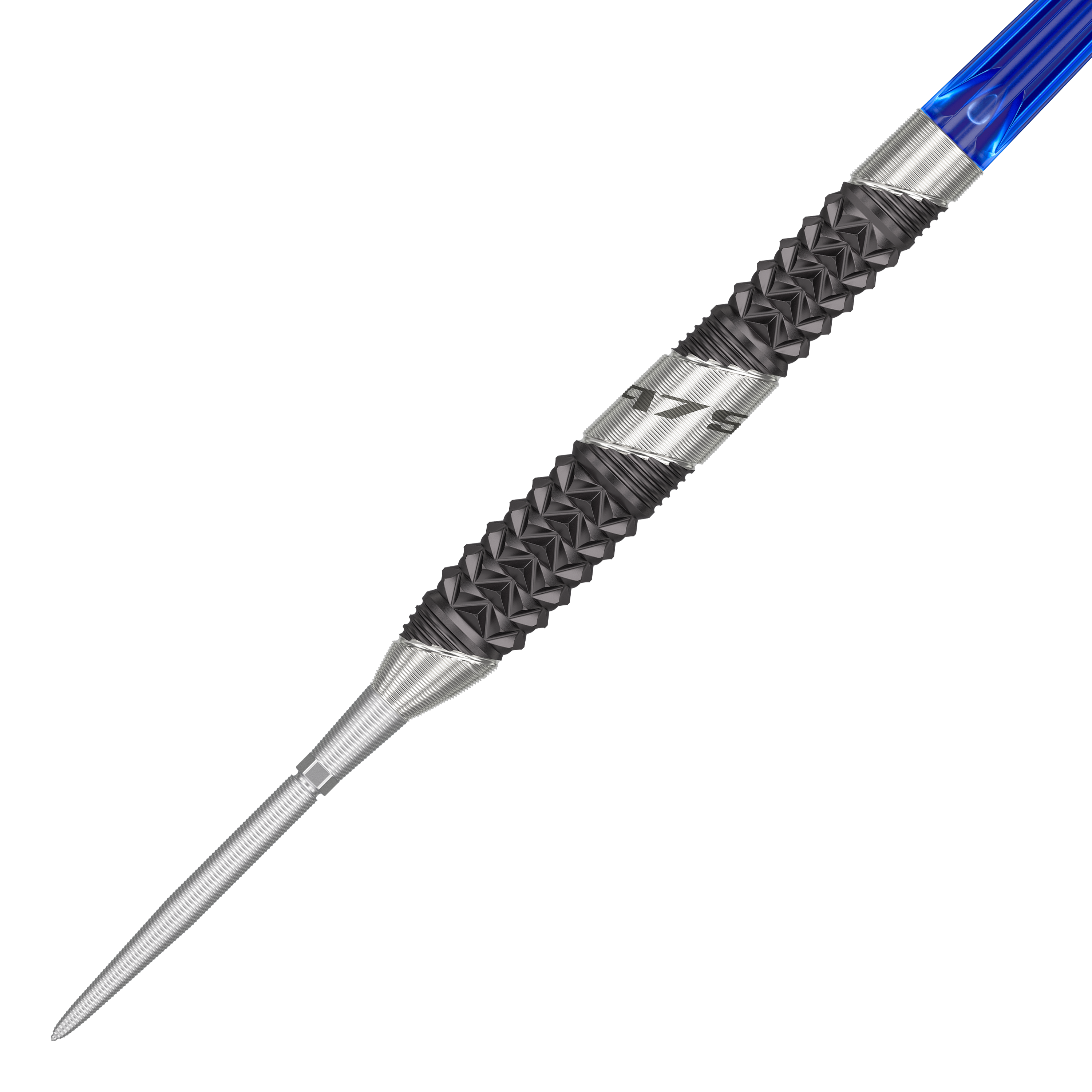 Target 975 Ultra Marine 02 Swiss Point Steel Darts Das Bild zeigt einen Target 975 Ultra Marine 02 Swiss Point Steeldart. Der Dart hat eine silberne Spitze, einen schwarzen, strukturierten Griffbereich und einen blauen Schaft.