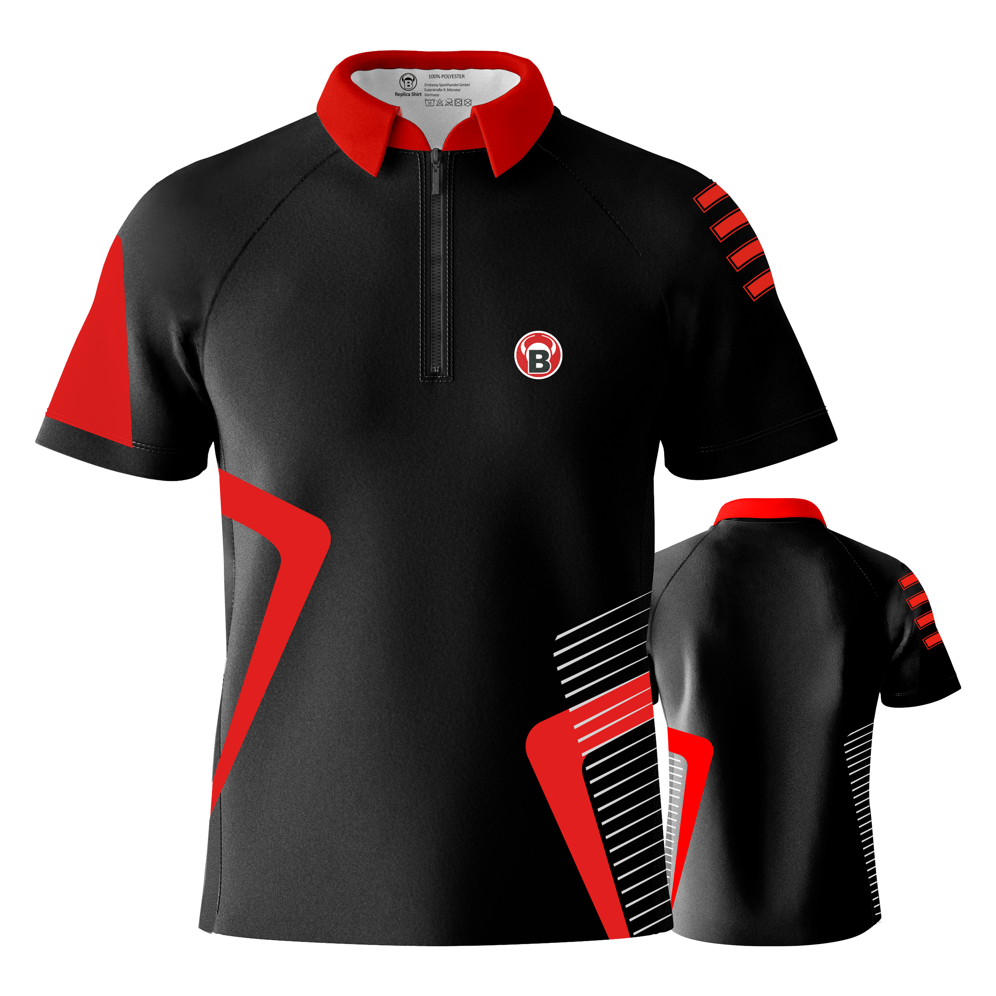 Bulls Team Dart Shirt - Red Das Bild zeigt ein schwarzes Dartshirt mit roten und weißen Akzenten. Das Shirt hat einen roten Kragen und das Bulls-Logo auf der Vorderseite.