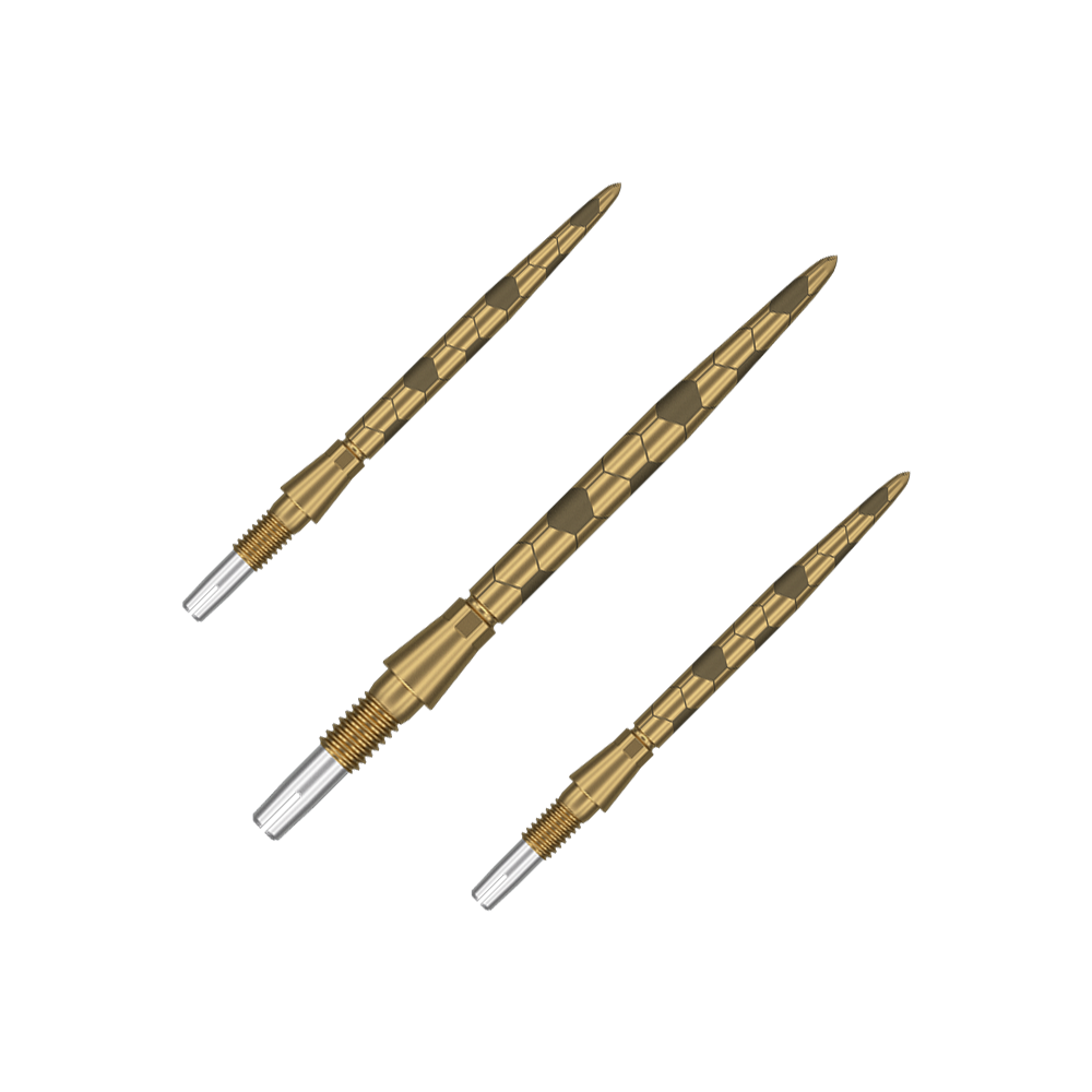 Target Swiss Storm Onyx Point Dart Tips - Gold Das Bild zeigt drei goldfarbene Dartspitzen mit einem strukturierten Muster. Am unteren Ende haben sie ein silbernes Schraubgewinde zur Befestigung.