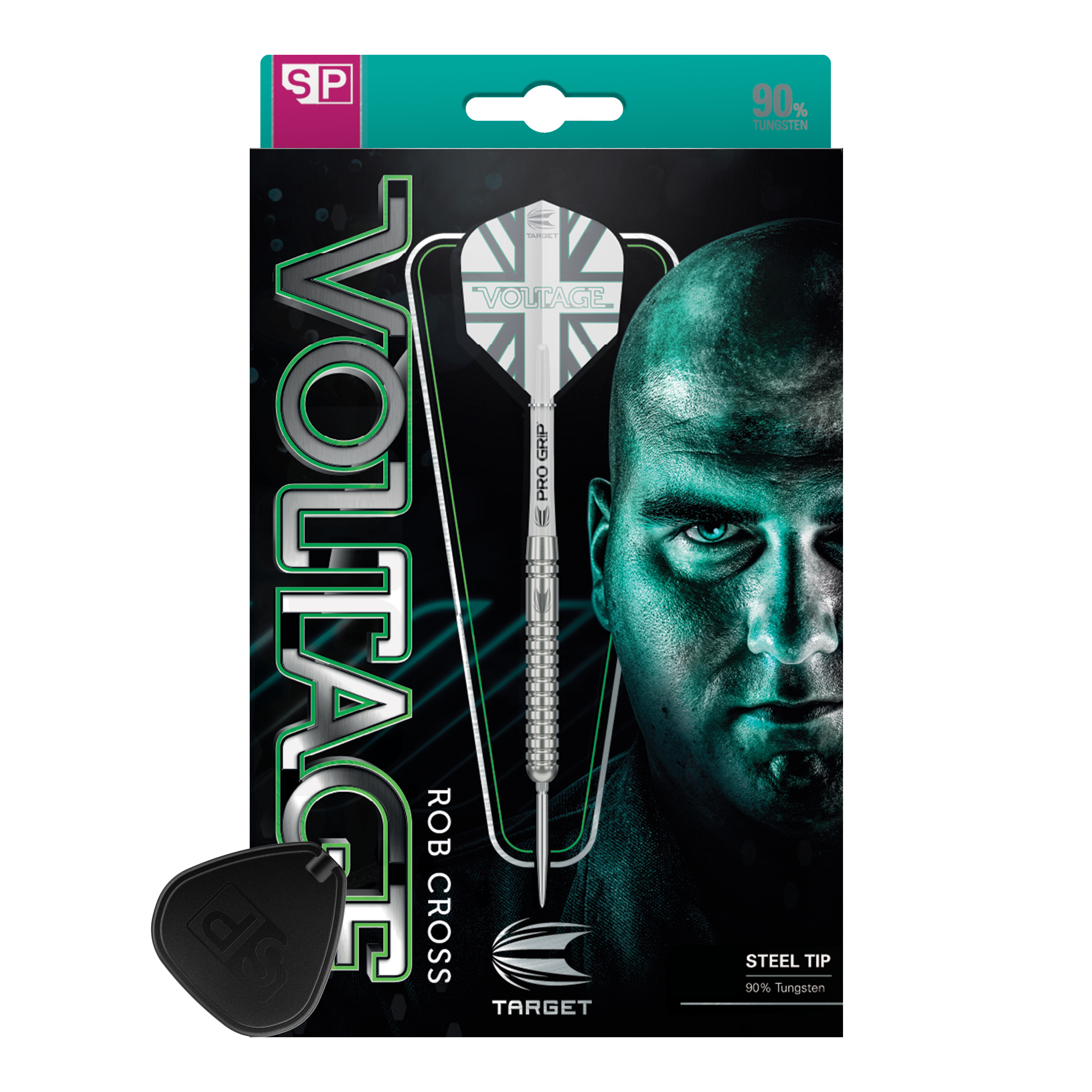 Target Rob Cross Voltage Swiss Point Steel Darts Das Bild zeigt die Verpackung der "Target Rob Cross Voltage Swiss Point Steeldarts". Auf der Verpackung sind ein Dartpfeil und das Gesicht eines Mannes prominent abgebildet.