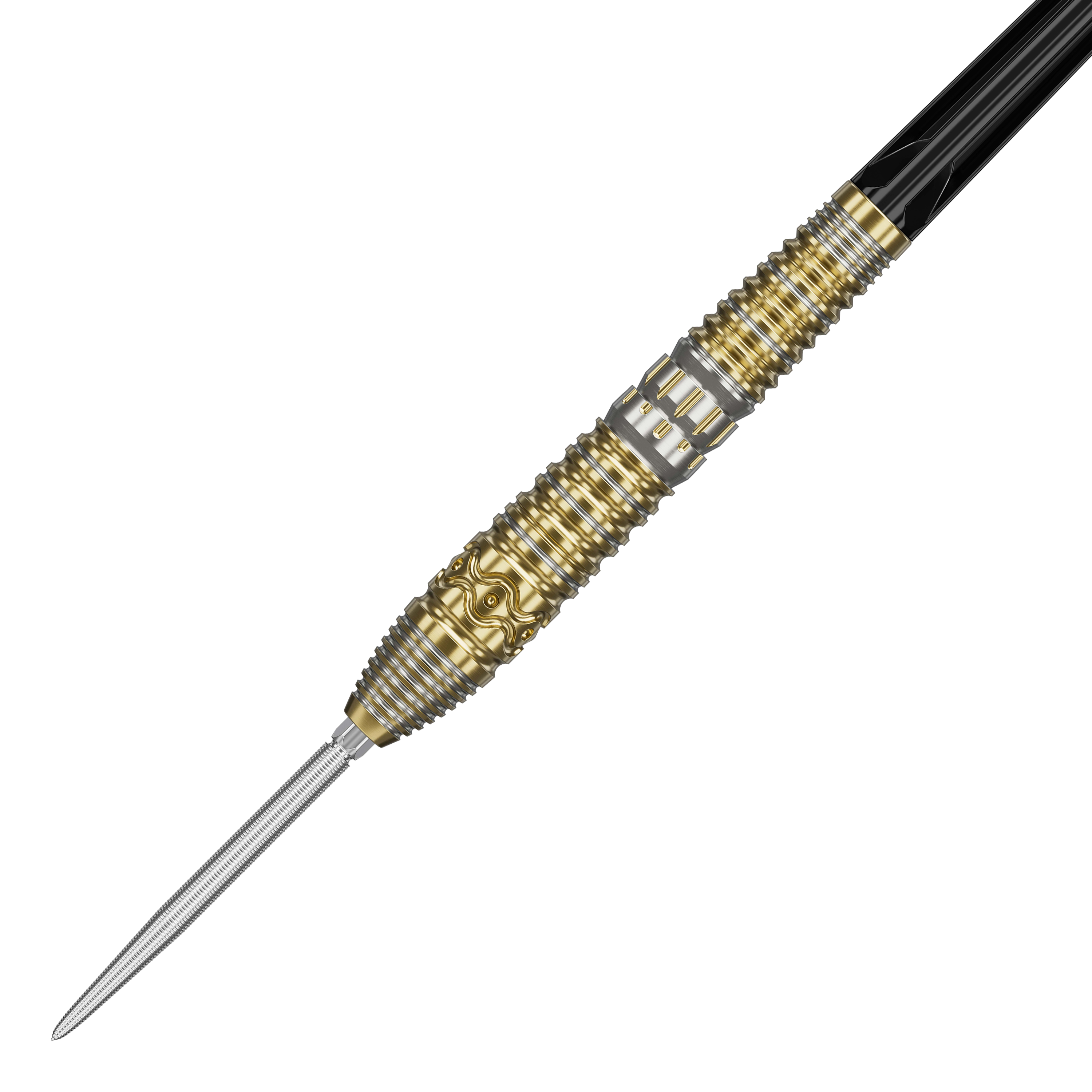 Target Japan Hot Shot GEN2 steel darts - 23g Das Bild zeigt einen Target Japan Hot Shot GEN2 Steeldart mit einem Gewicht von 23g. Der Steeldart hat ein auffälliges Design mit goldenen und silbernen Rillen und Mustern am Barrel.