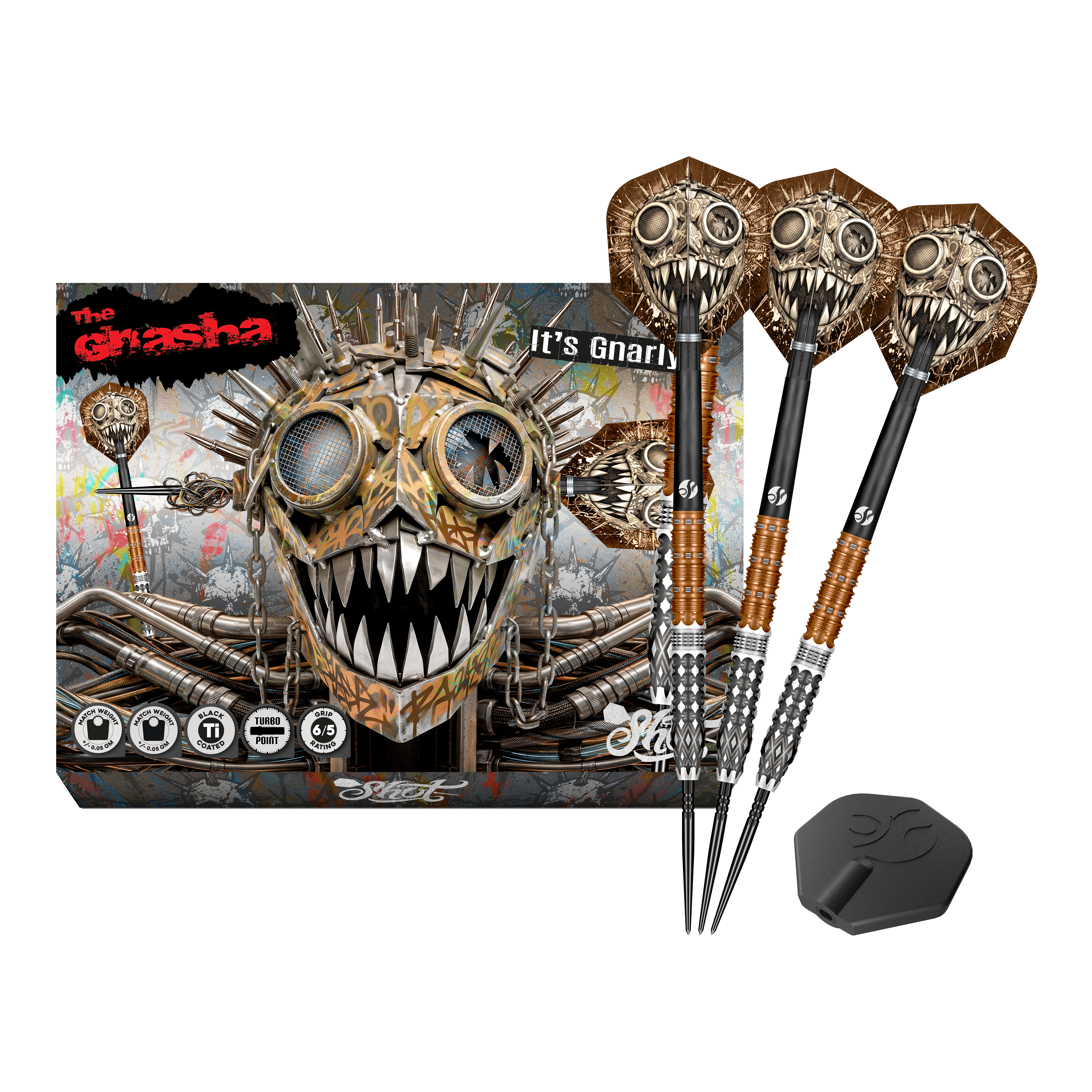 Dieses Bild stellt die Shot Gnarly Gnasha Turbo Point Steeldarts mit 23g vollständig dar. Das Set ist ideal für Dart-Liebhaber.
