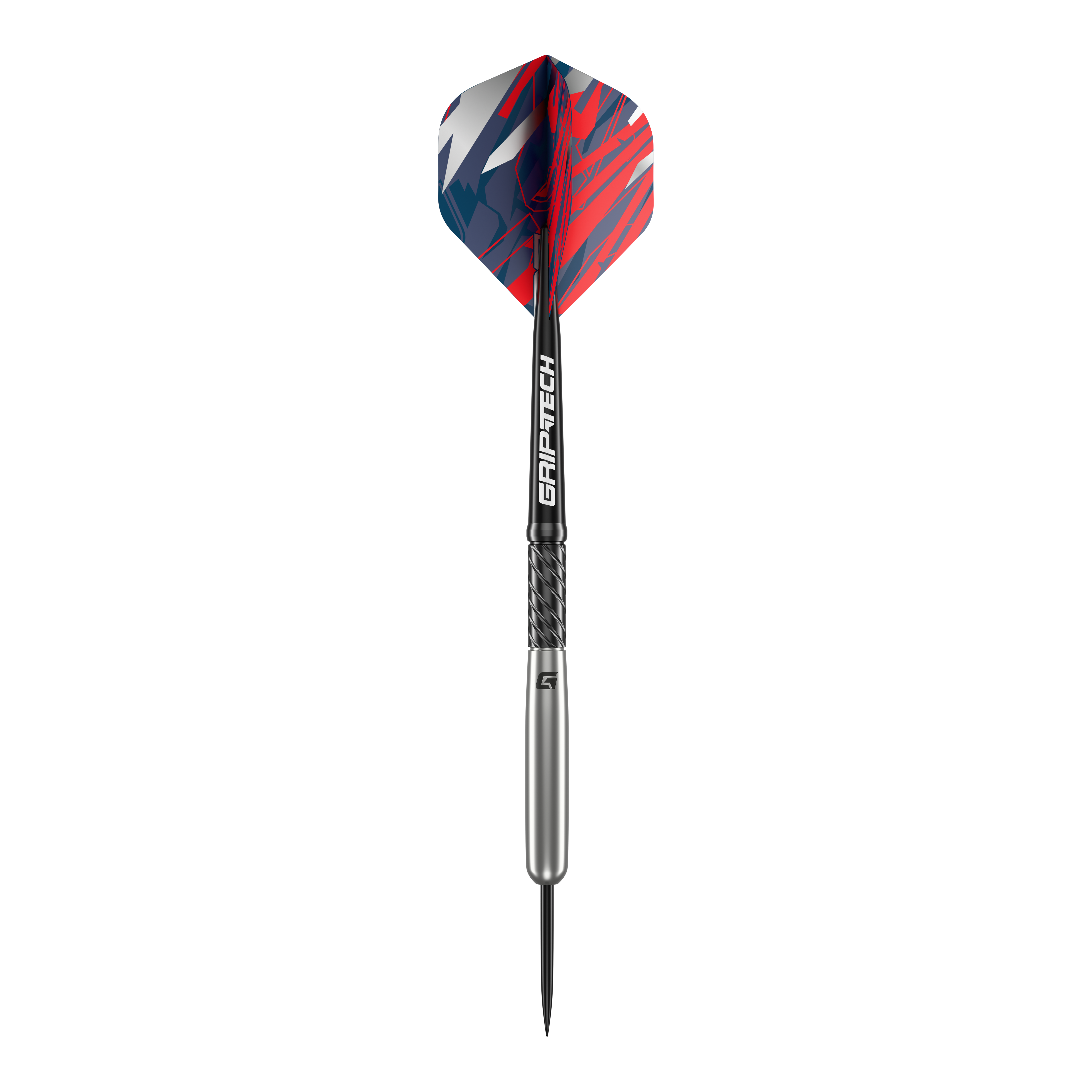 GOAT Homerun Baseball Tungsten Steel Darts Das Bild zeigt den GOAT Homerun Baseball Tungsten Steeldart. Der Dart hat auffällige Flights in Rot, Blau und Weiß sowie einen silbernen Schaft mit der Aufschrift "GRIP-TECH".