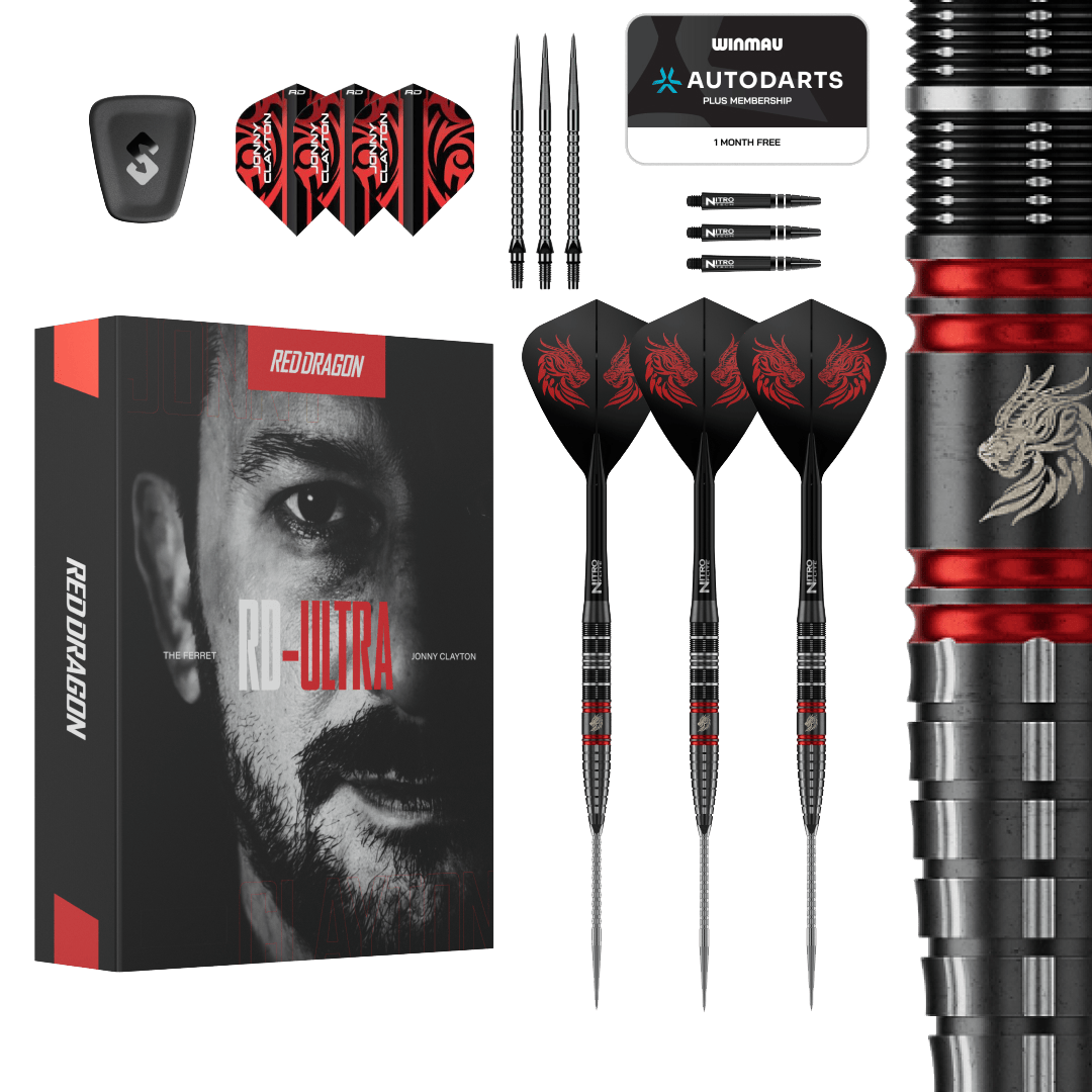 Red Dragon Jonny Clayton RD-ULTRA Switch Point Steeldarts - 22g Auf dem Bild ist das Produkt Red Dragon Jonny Clayton RD-ULTRA Switch Point Steeldarts - 22g zu sehen. Die Steeldarts befinden sich vor einem weißen Hintergrund.