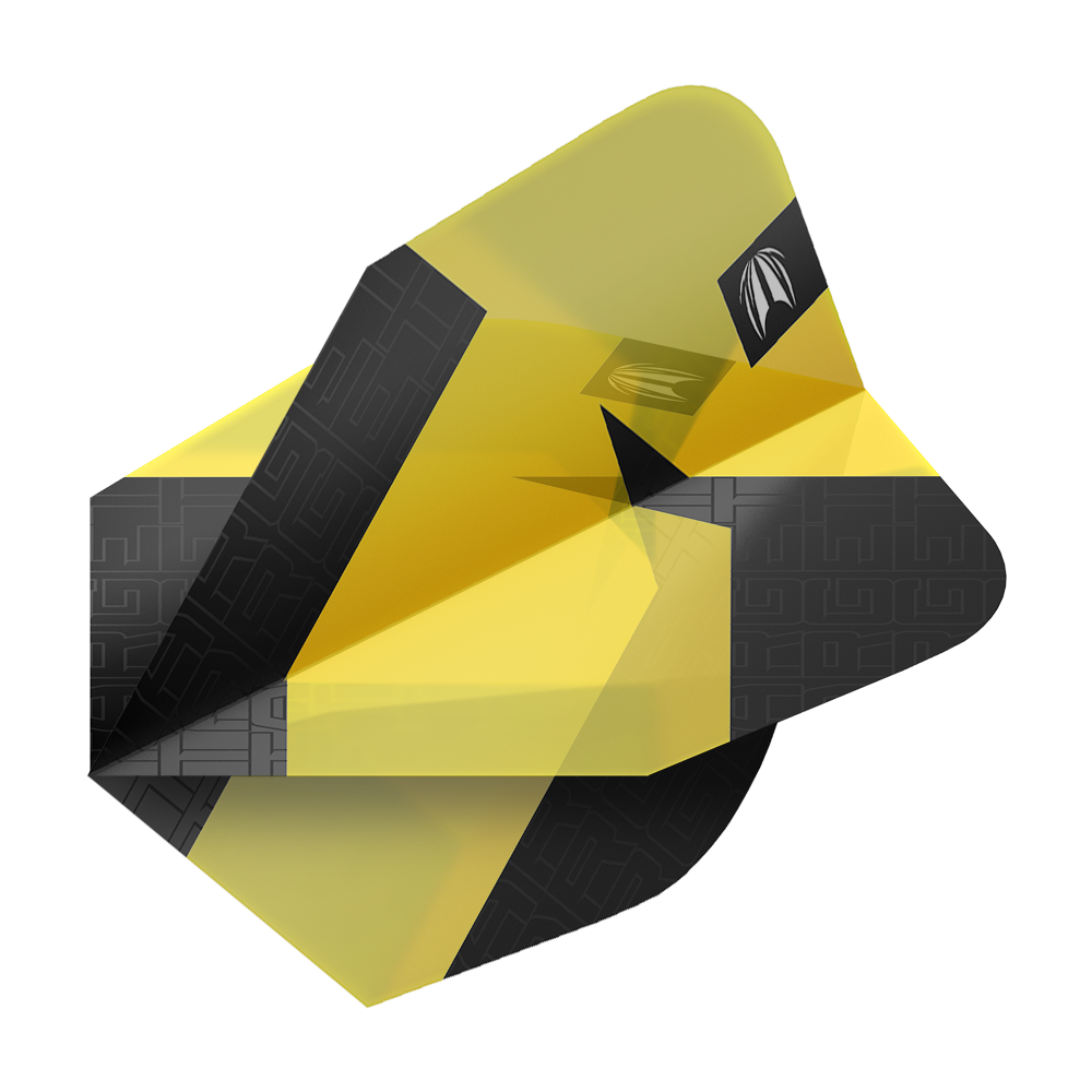 Das Bild zeigt ein Dart-Flight der Marke Target in Gelb und Schwarz. Es handelt sich um das Modell "Pro Ultra TAG Gelb Ten-X Standard Flights – 3 Sets".