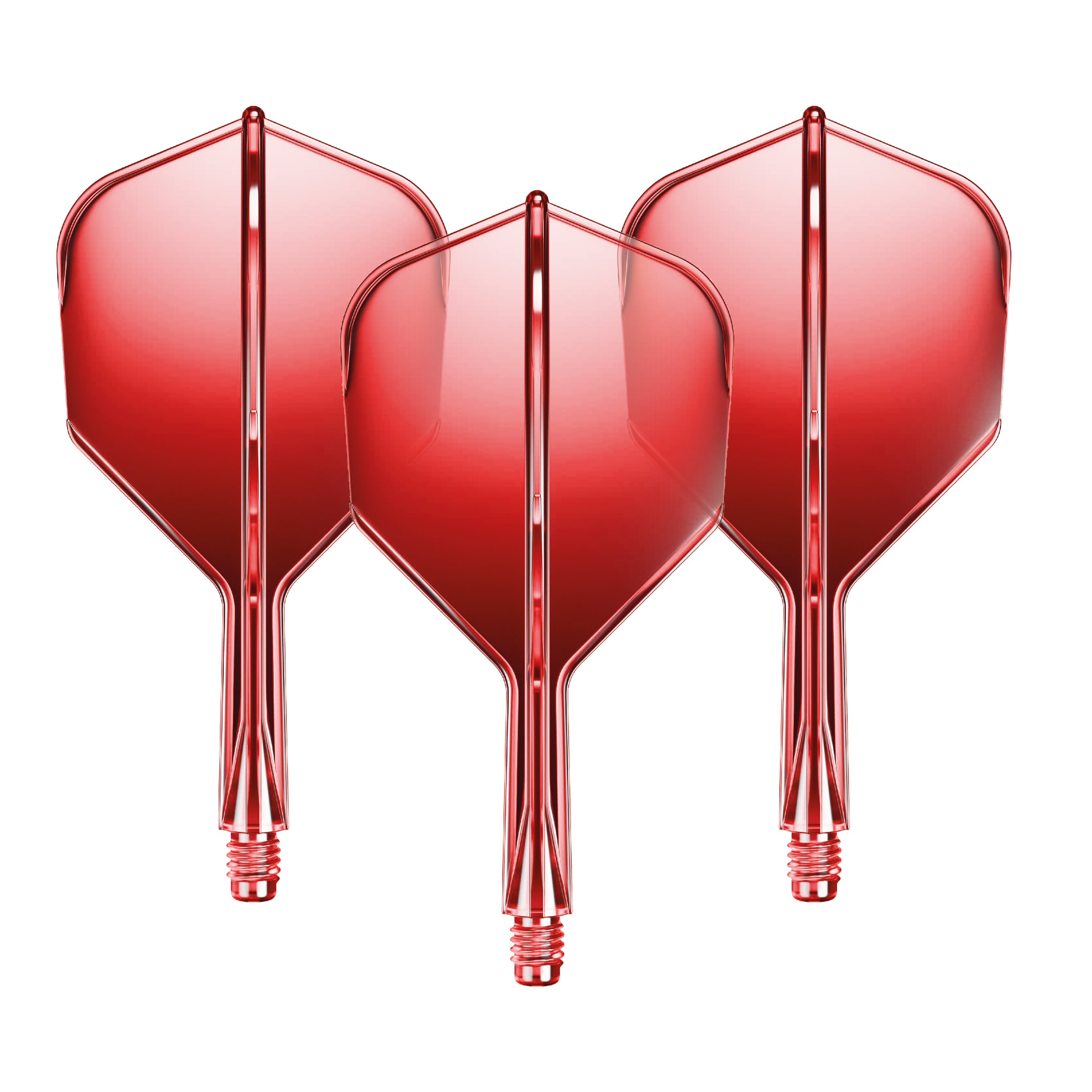 GOAT A1R No6 Flight Shaft System - Red Auf dem Bild sind drei rote Dart-Flights mit Shafts zu sehen. Sie sind gleichmäßig nebeneinander angeordnet und glänzen leicht.