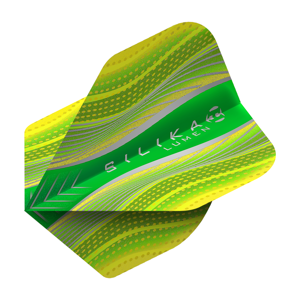 HR79_Harrows_Silika_Lumen_Yellow_No2_Standard_Flights_2 Auf dem Bild ist ein Harrows Silika Lumen Yellow No2 Standard Flight zu sehen. Das Flight ist überwiegend gelb und grün mit silbernen und grünen Details sowie der Aufschrift "Silika Lumen".