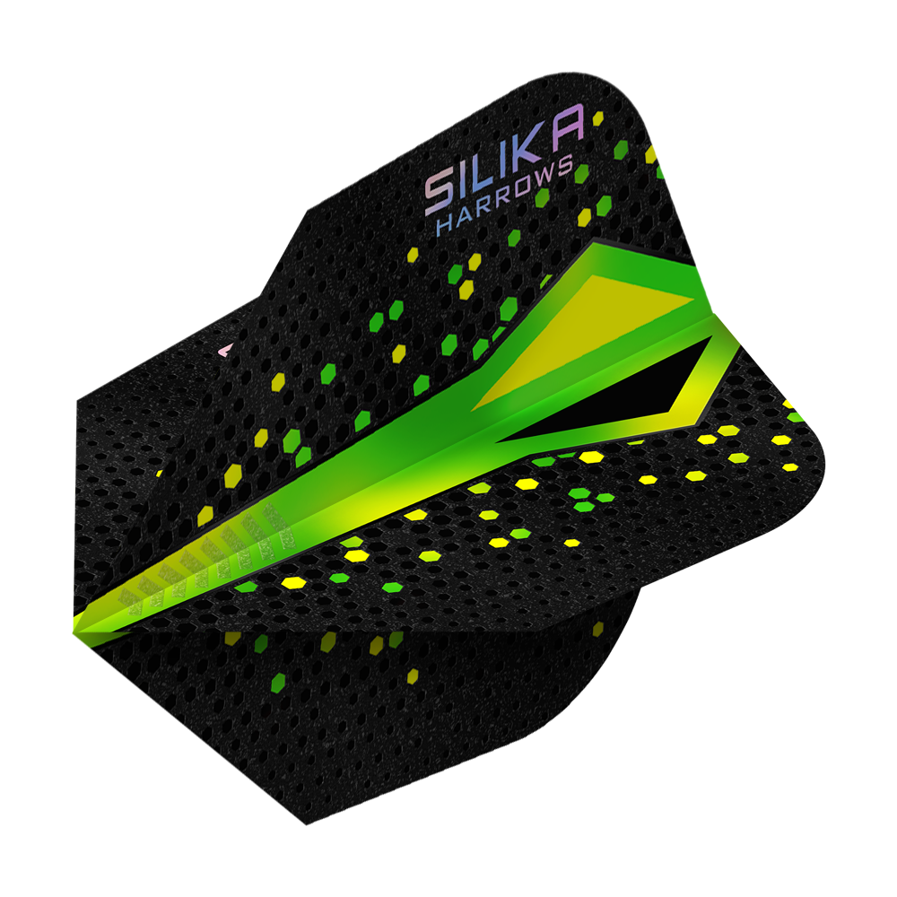 Harrows Silika Colorshift Tough Crystalline Coating Green No6 Flights Das Bild zeigt ein Dartflight der Marke Harrows mit dem Namen „Silika Colourshift Tough Crystalline Coating Green No6“. Das Flight ist überwiegend schwarz mit grünen und gelben Akzenten sowie hexagonalen Mustern.