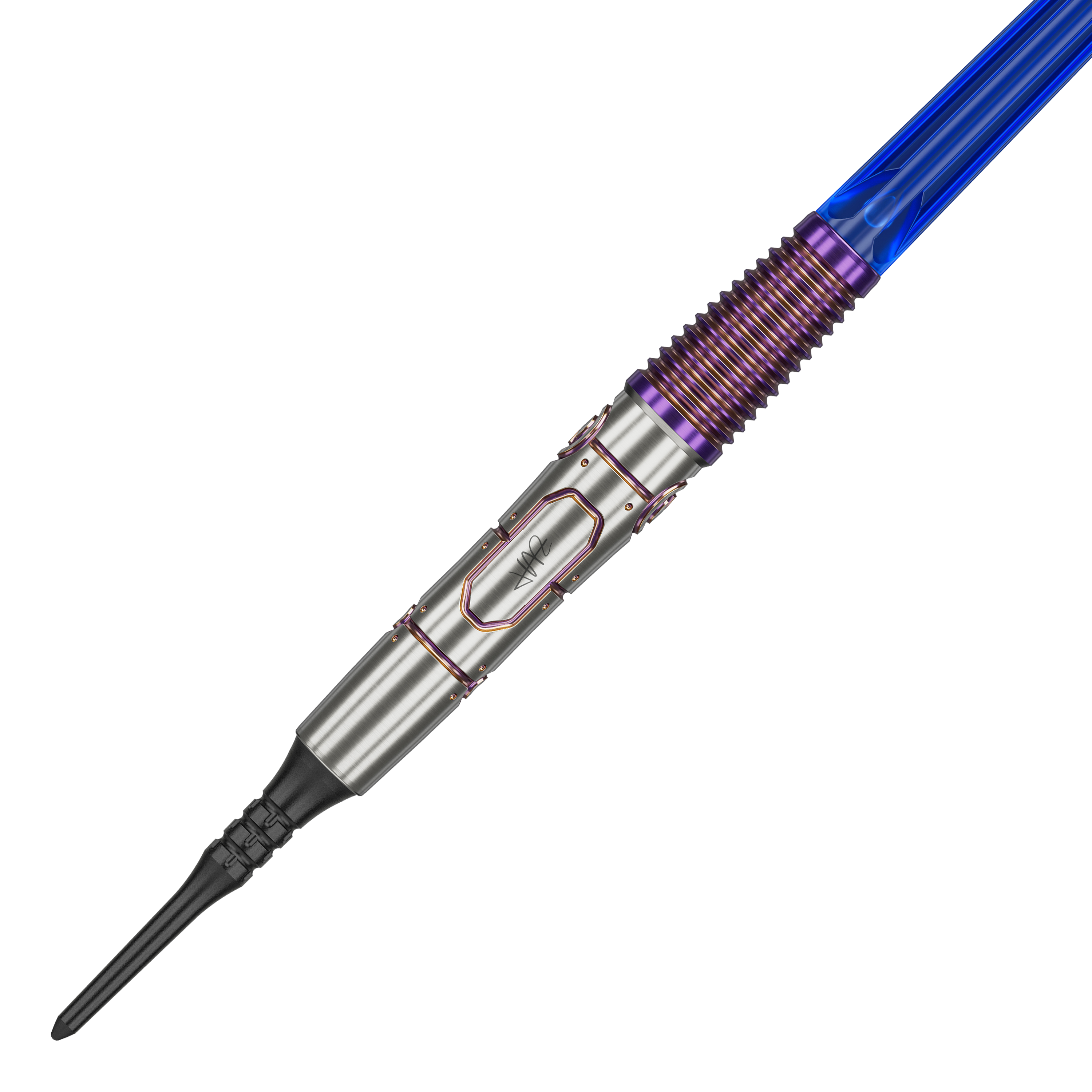 Target Japan Haruki Muramatsu Rising Sun GEN9 2BA Soft Darts - 21.5g Das Bild zeigt den Target Japan Haruki Muramatsu Rising Sun GEN9 2BA Softdart mit einem Gewicht von 21,5g. Der Dart hat ein silbernes Barrel mit lilafarbenen und blauen Akzenten.