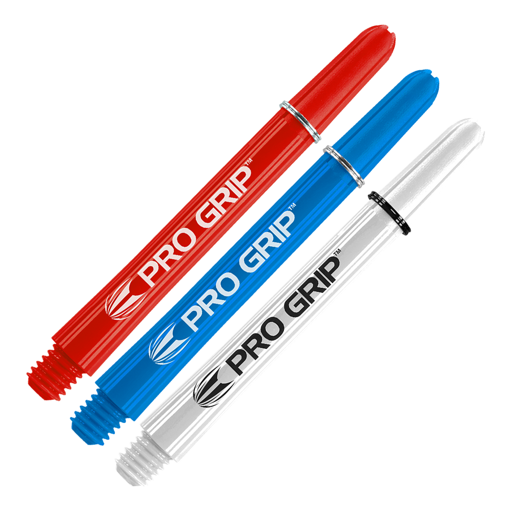 Das Bild zeigt drei Dartschäfte in den Farben Rot, Blau und Weiß. Auf jedem Schaft steht der Schriftzug "PRO GRIP".