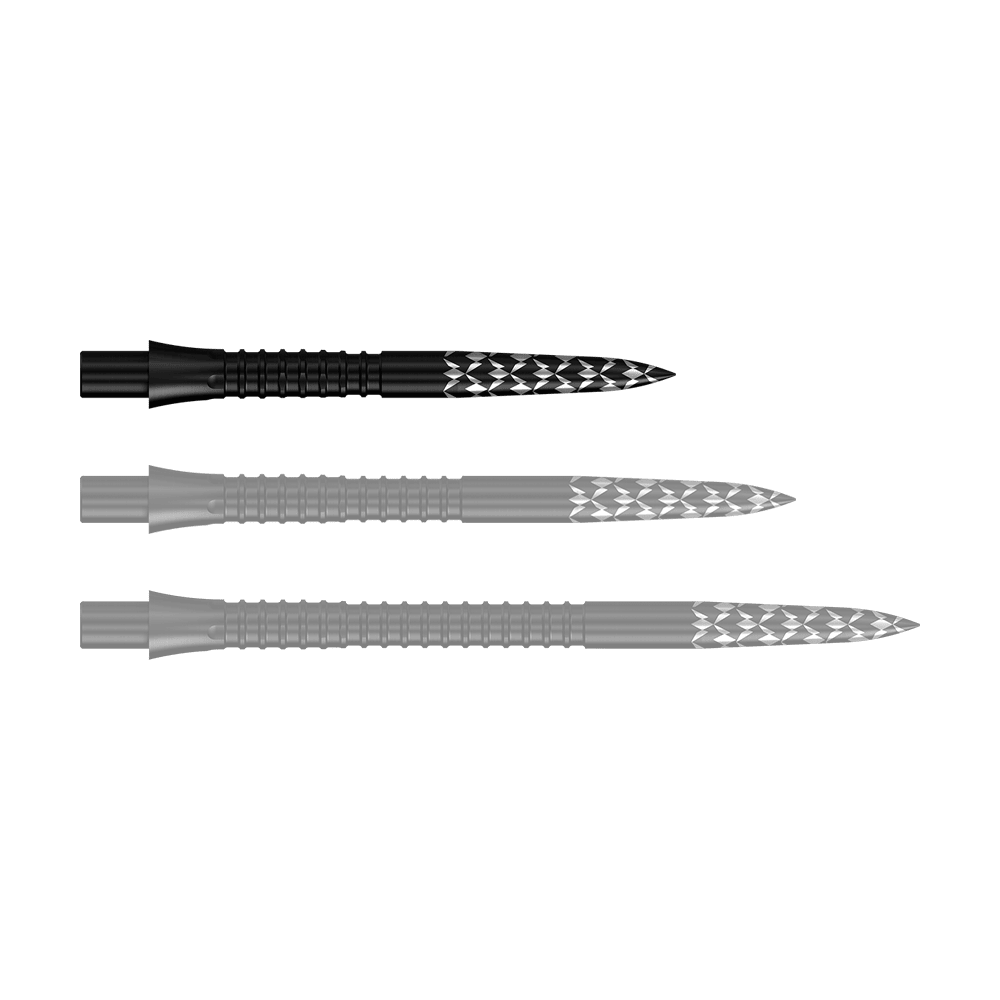 Mission Caliburn EVO dart tips GV logo - Black Abgebildet sind Schwarze Steeldartspitzen mit GV-Logo, 26 mm lang. Es handelt sich um Zubehör für Dartpfeile aus der Mission Caliburn EVO Serie.