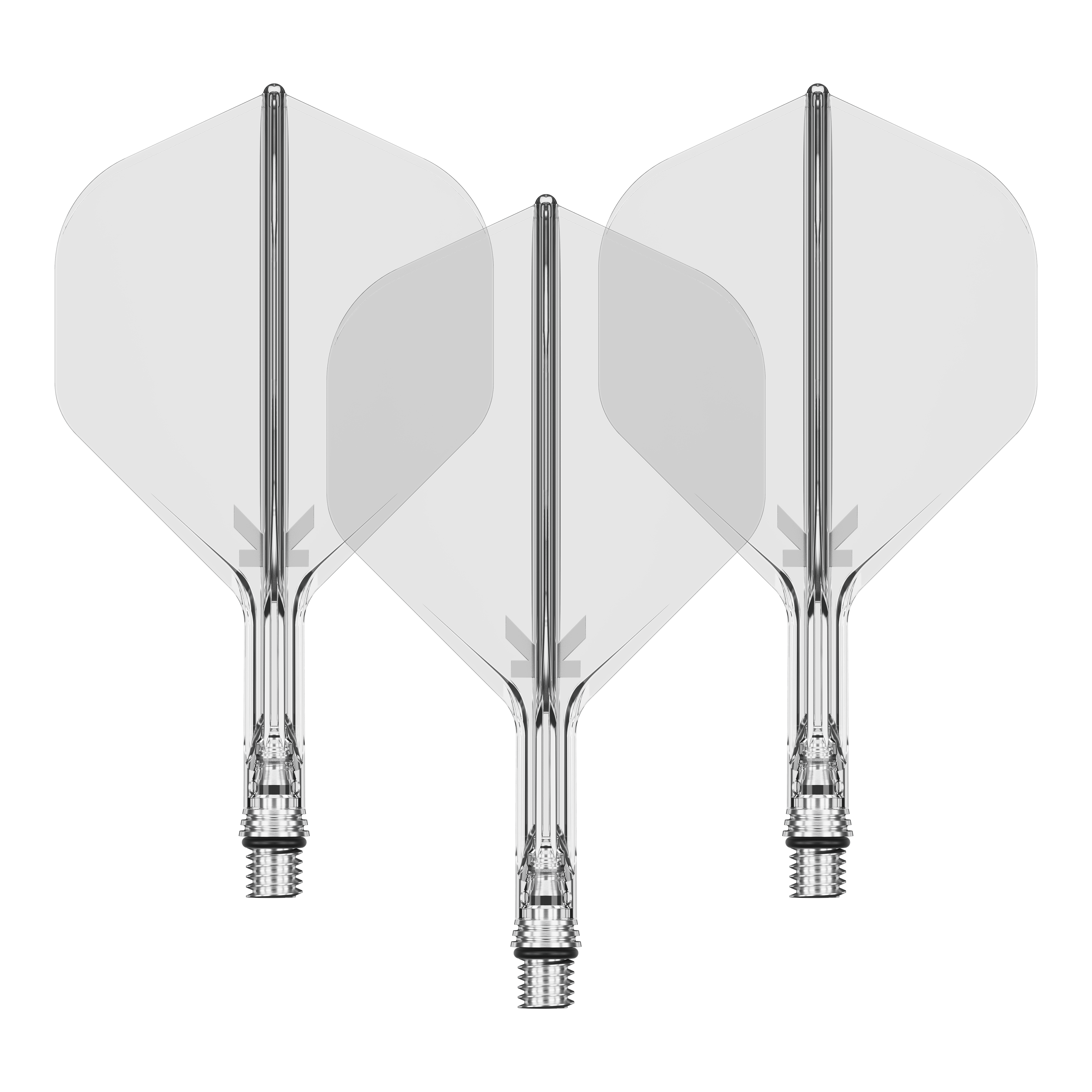 Das Bild zeigt ein Set von Target KShift No2 Standard Flights, klar, mit einer Größe von 19mm. Das Produkt ist ein Zubehör für Darts.