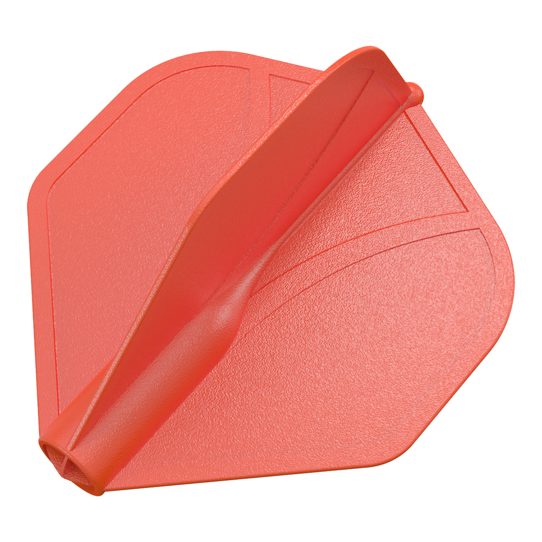 Shot Airfoil Molded No2 Standard Flights Das Bild zeigt eine rote, geformte Dart-Flügelspitze. Die Oberfläche ist strukturiert und hat eingeprägte Linien als Muster.