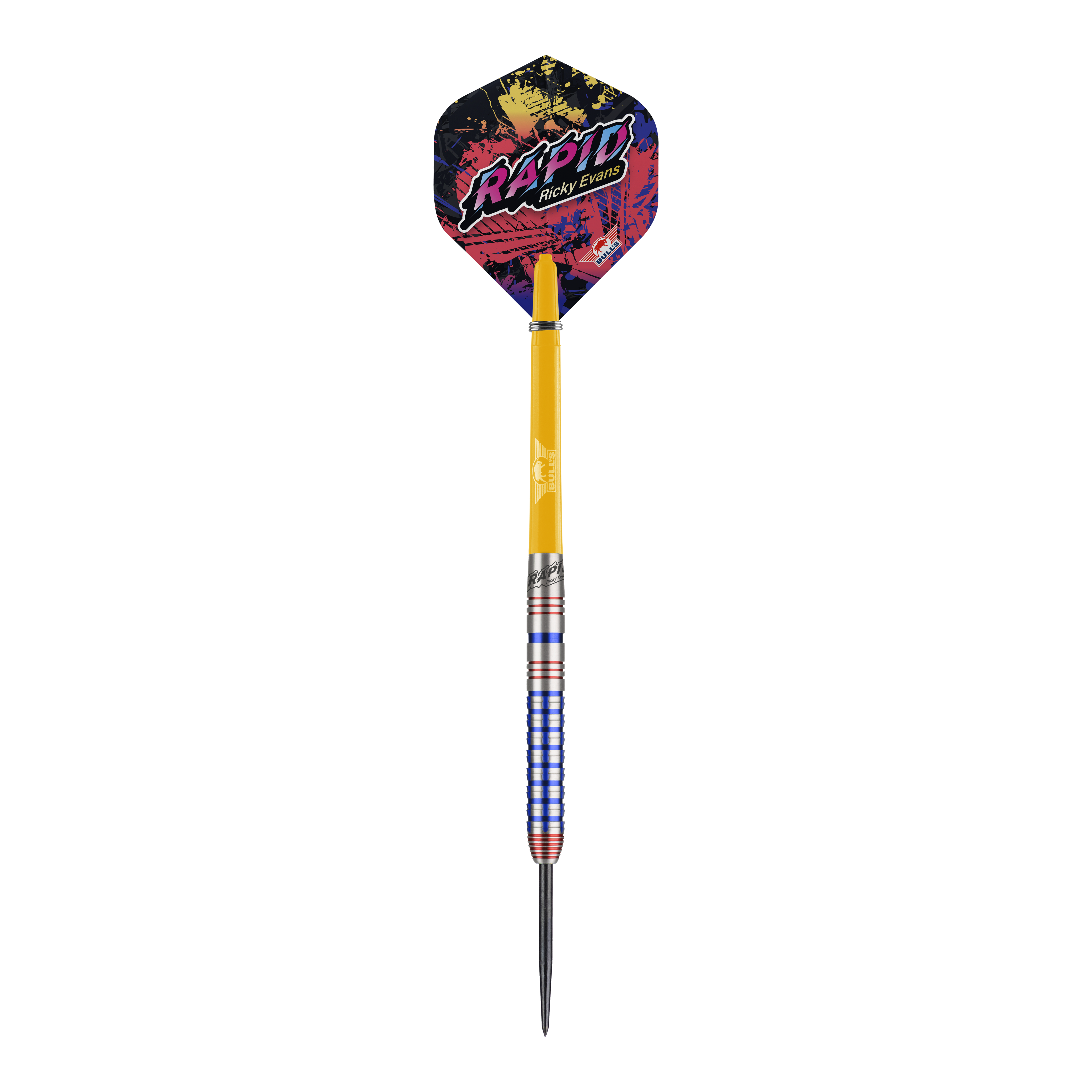 Bulls NL Ricky Evans Rapid Edition One Steel Darts Auf dem Bild ist ein Steeldart der Marke Bulls NL, Modell "Ricky Evans Rapid Edition One", zu sehen. Der Dart hat bunte Flights mit dem Schriftzug "RAPID Ricky Evans" und ein auffälliges Griffdesign in Silber, Blau und Rot.
