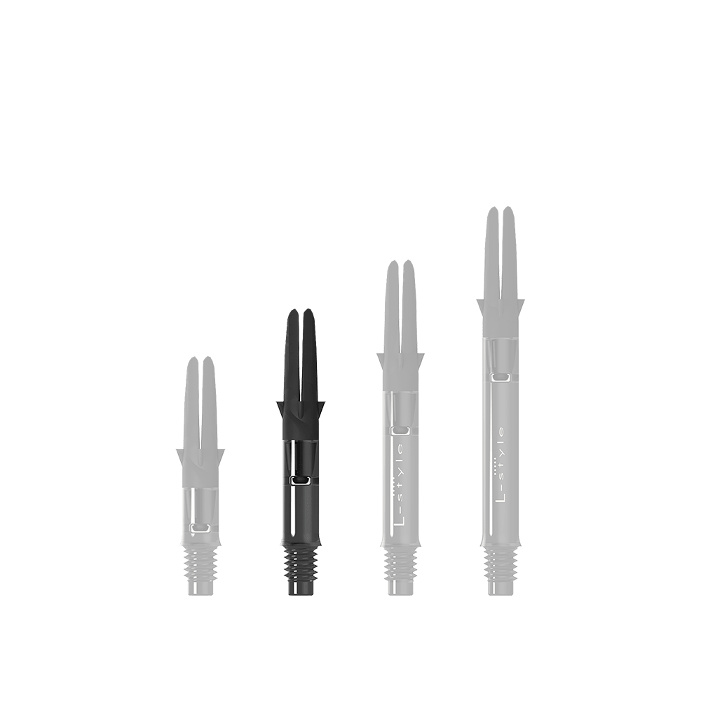 L-L-Style-Shaft Carbon Silent Straight - Black Das Bild zeigt drei schwarze Dartshafts in unterschiedlicher Länge. Sie sind aus Carbon gefertigt und tragen die Aufschrift "L-Style".