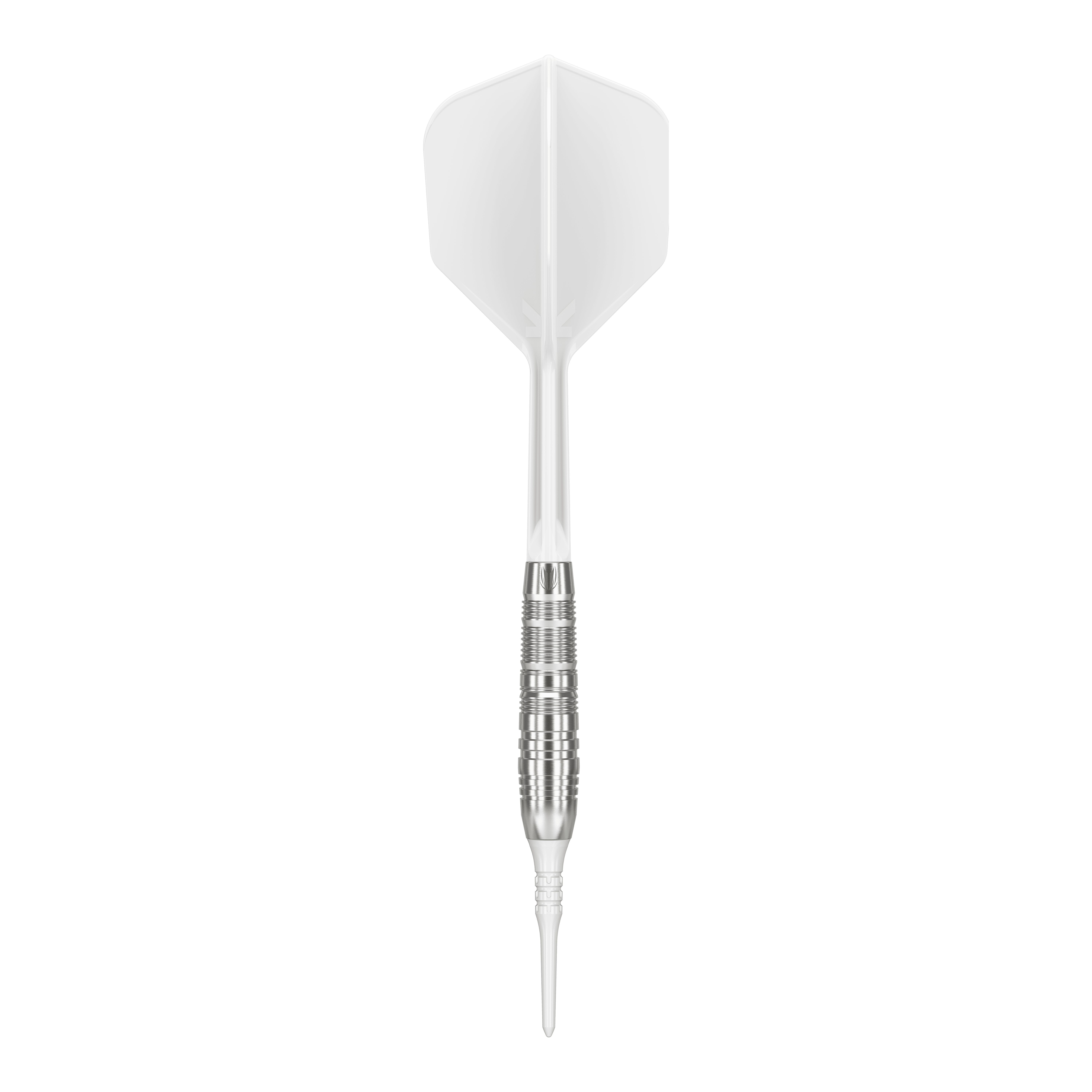 Target Japan Crux Trust Soft Darts - 17g Das Bild zeigt einen Target Japan Crux Trust Softdart mit einem Gewicht von 17 Gramm. Der Dart hat einen silbernen, gerillten Schaft und weiße Flights.