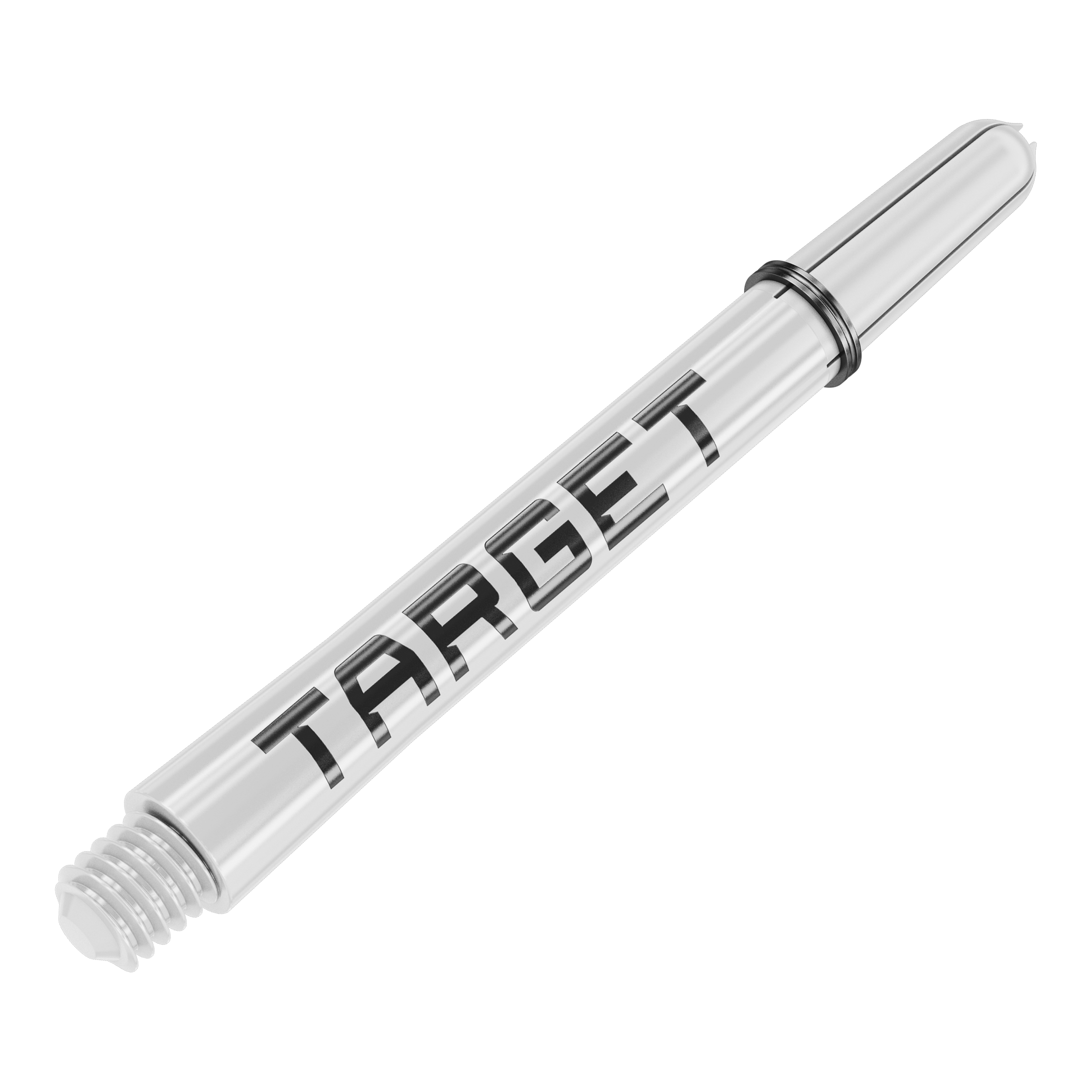 Das Bild zeigt einen weißen Dart-Schaft mit der Aufschrift "TARGET". Der Schaft ist aus Kunststoff und hat ein Schraubgewinde am Ende.