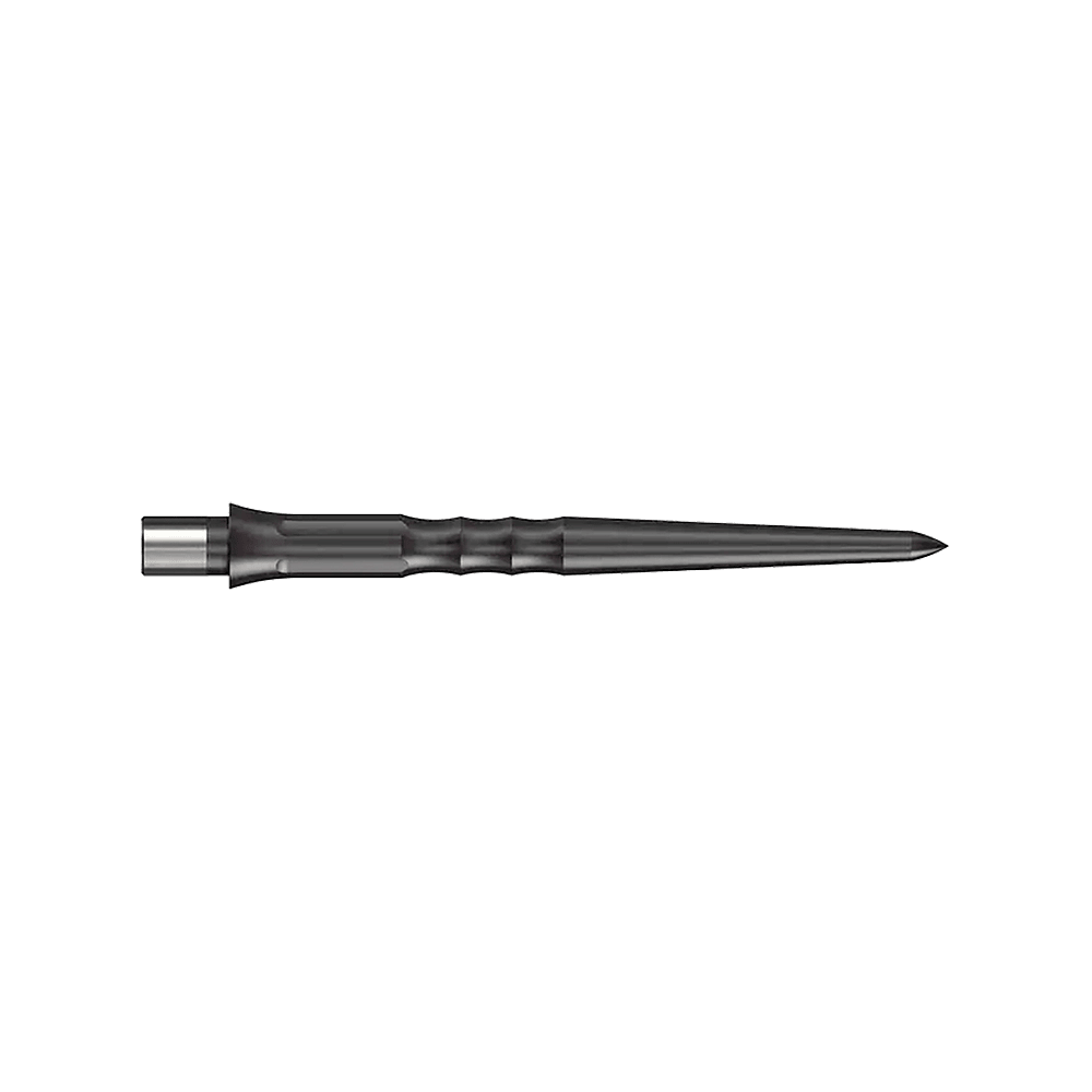 Caliburn System Steeldart Tips - Ripple - NoLip - Black Das Bild zeigt eine schwarze Steeldartspitze mit Riffelung. Die Spitze ist 28 mm lang und hat kein Lip-Ende.
