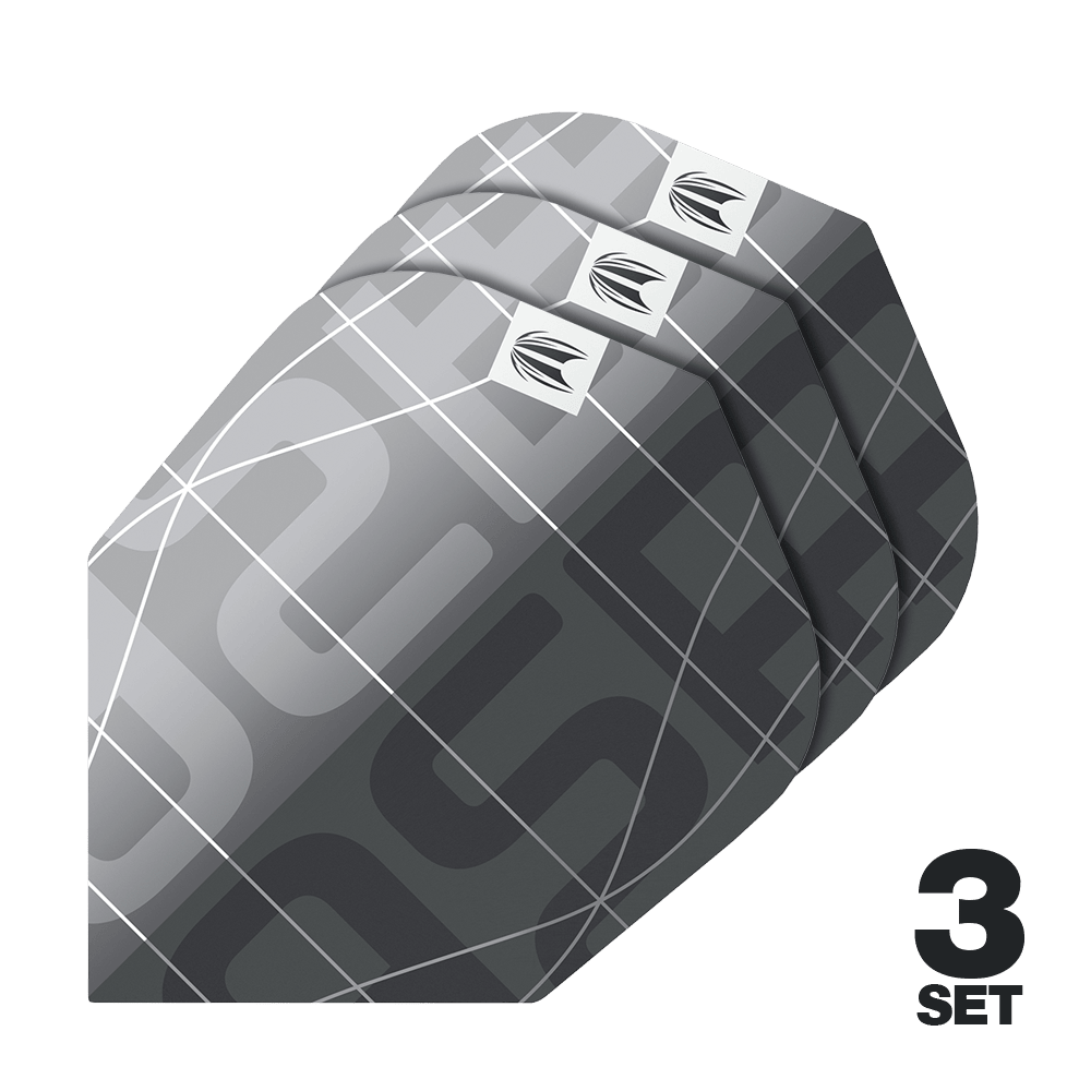 Target Pro Ultra Aspinall X Echo No6 Flights - 3 Sets Das Bild zeigt drei Sätze Target Pro Ultra Aspinall X Echo No6 Flights für Darts. Die Flights haben ein modernes, graues Design mit weißen Linien und einem kleinen Logo.