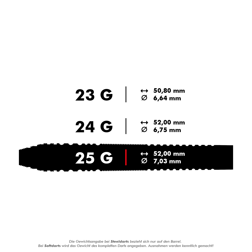 Bulls NL Dirk Van Duijvenbode Edition 2 steel darts Das Bild zeigt die Gewichts- und Maßangaben von Steeldarts in den Varianten 23 g, 24 g und 25 g. Für jede Variante sind die Länge und der Durchmesser des Barrels angegeben.