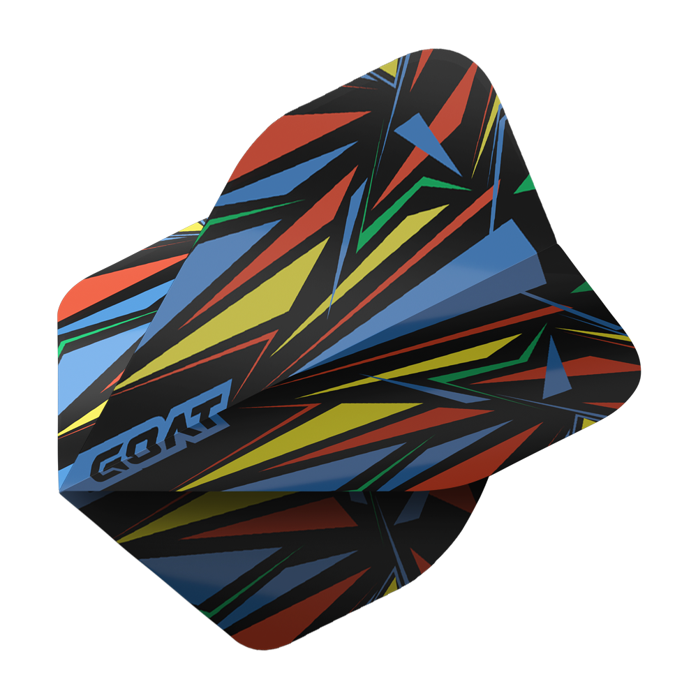 GOAT Athlete Blue No2 Standard Flights Das Bild zeigt das Produkt "GOAT Athlete Blue No2 Standard Flights". Die Flügel haben ein farbenfrohes, abstraktes Muster mit Blau, Gelb, Rot, Grün und Schwarz.