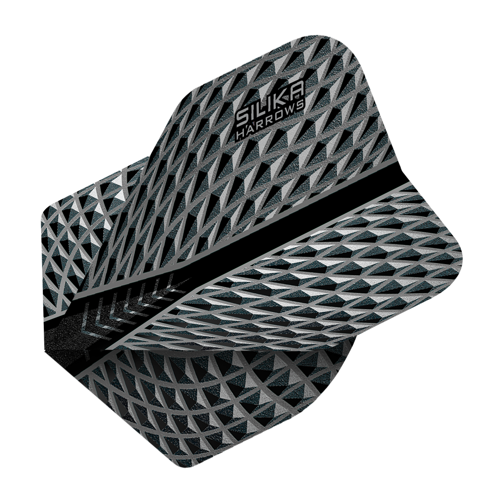 HR85_Harrows_Silika_Smokey_No2_Standard_Flights_2 Das Bild zeigt das Produkt "Harrows Silika Smokey No2 Standard Flights". Die Flights haben ein silbergraues, geometrisches Muster mit dem Aufdruck "SILIKA HARROWS" oben.