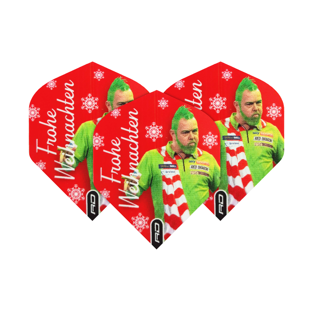 Abgebildet sind die Red Dragon Peter Wright Grinch Standard Weihnachtsflights. Die Flights sind mit einem weihnachtlichen Motiv gestaltet.