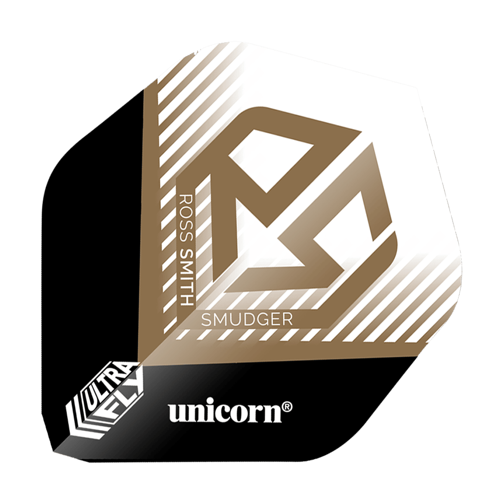 Unicorn Ultrafly 100 Ross Smith Smudger AR1 Flights Das Bild zeigt einen Dartflight mit der Aufschrift „ROSS SMITH SMUDGER“ und einem goldenen Logo auf weißem Hintergrund. Unten befinden sich die Markenbezeichnungen „ultrafly“ und „unicorn“.