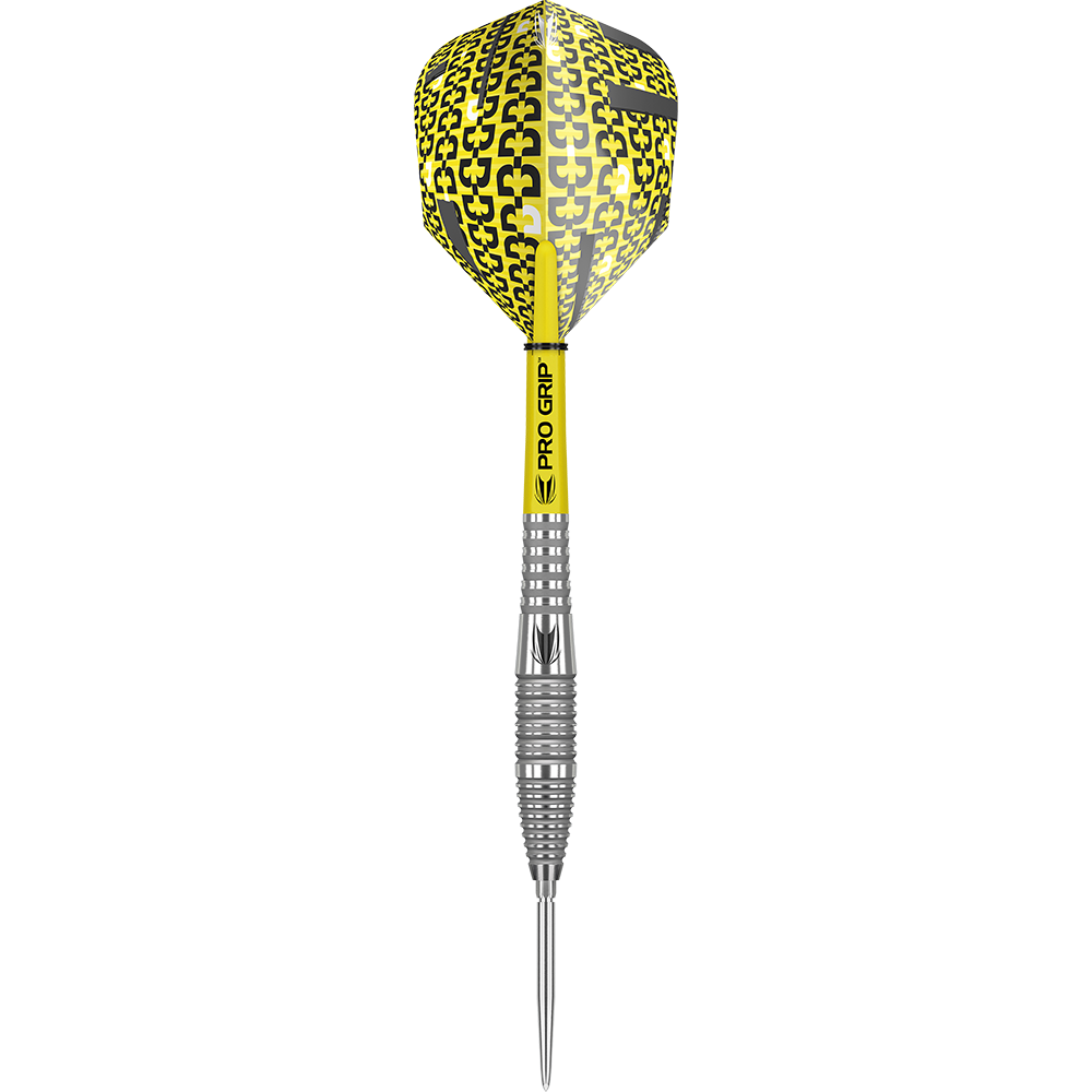 Das Bild zeigt einen Target Bolide 05 Swiss Point Steeldart. Der Dartpfeil hat eine gelbe Flight mit schwarzem Muster und einen silbernen, strukturierten Schaft.