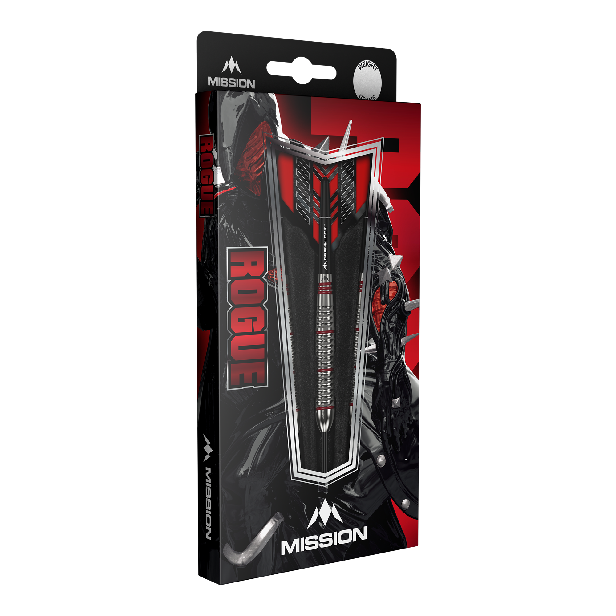 Mission Rogue Brass Steel Darts - 22g Die Abbildung zeigt die Verpackung der "Mission Rogue Brass Steeldarts - 22g". Die Verpackung ist überwiegend schwarz und rot gestaltet und zeigt den Dartpfeil sowie das Rogue-Logo deutlich.
