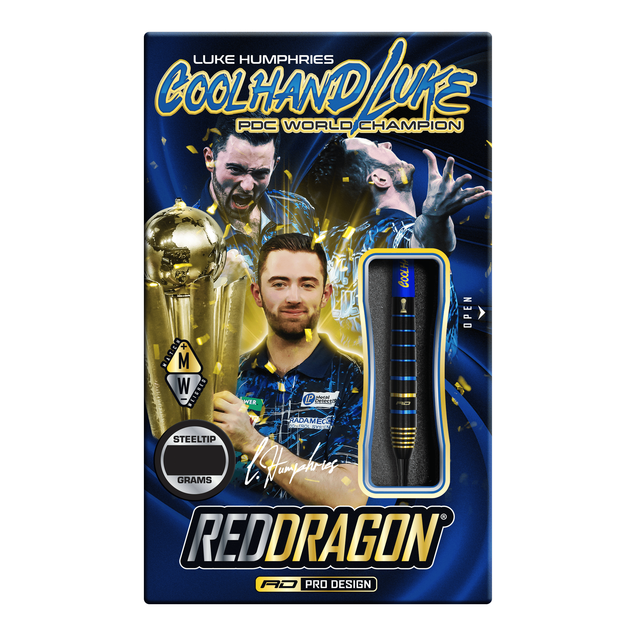 Red Dragon Luke Humphries TX4 Avenger steel darts Die Verpackung zeigt die "Red Dragon Luke Humphries TX4 Avenger Steeldarts" mit einem Bild von Luke Humphries als PDC Weltmeister. Die Darts sind im Design sichtbar und die Packung ist in Blau und Gold gestaltet.