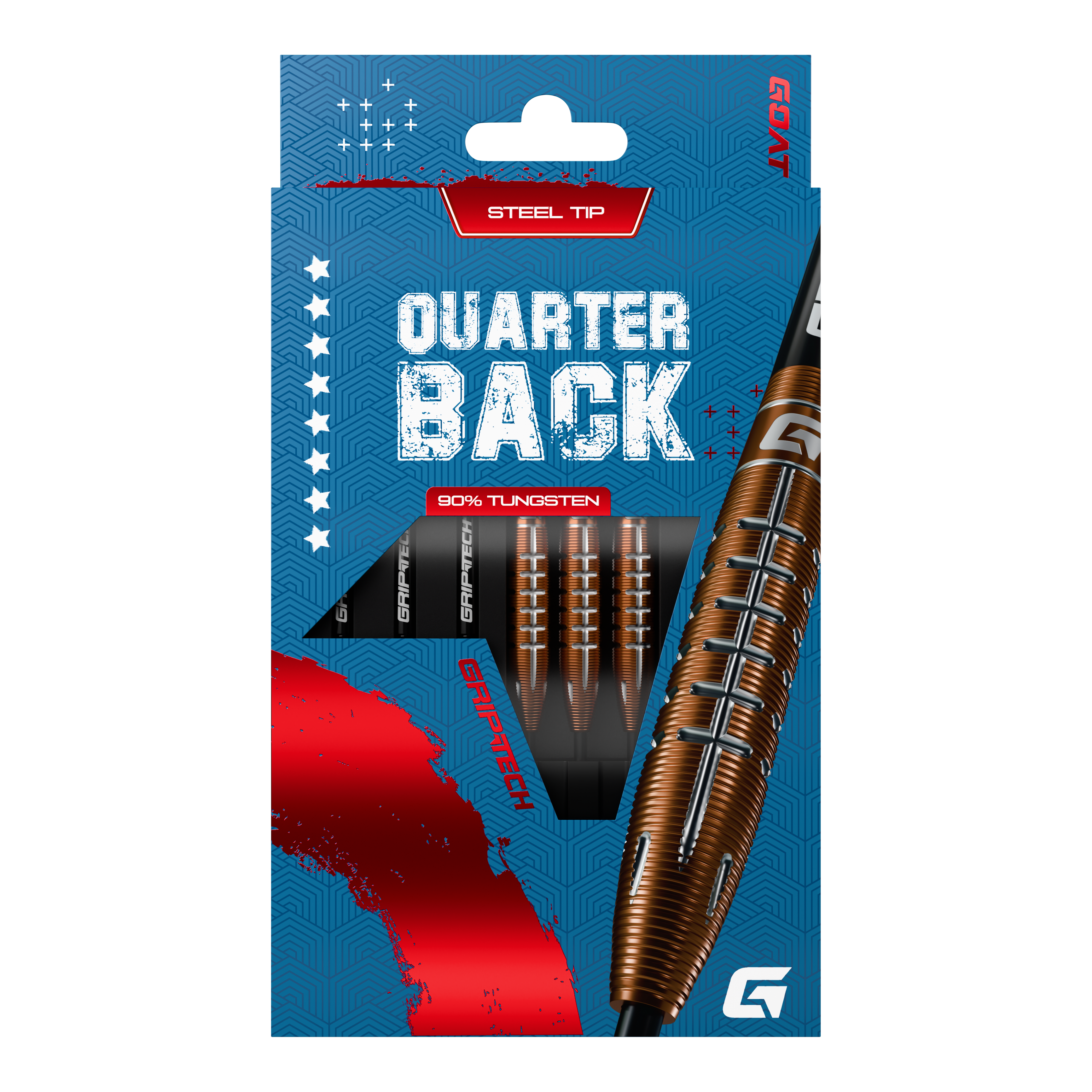 GOAT Quarterback V2 Tungsten Steel Darts - 24g Die Verpackung zeigt die "GOAT Quarterback V2 Tungsten Steeldarts - 24g" mit Stahlspitze. Die Darts bestehen zu 90% aus Tungsten und haben ein modernes Design.