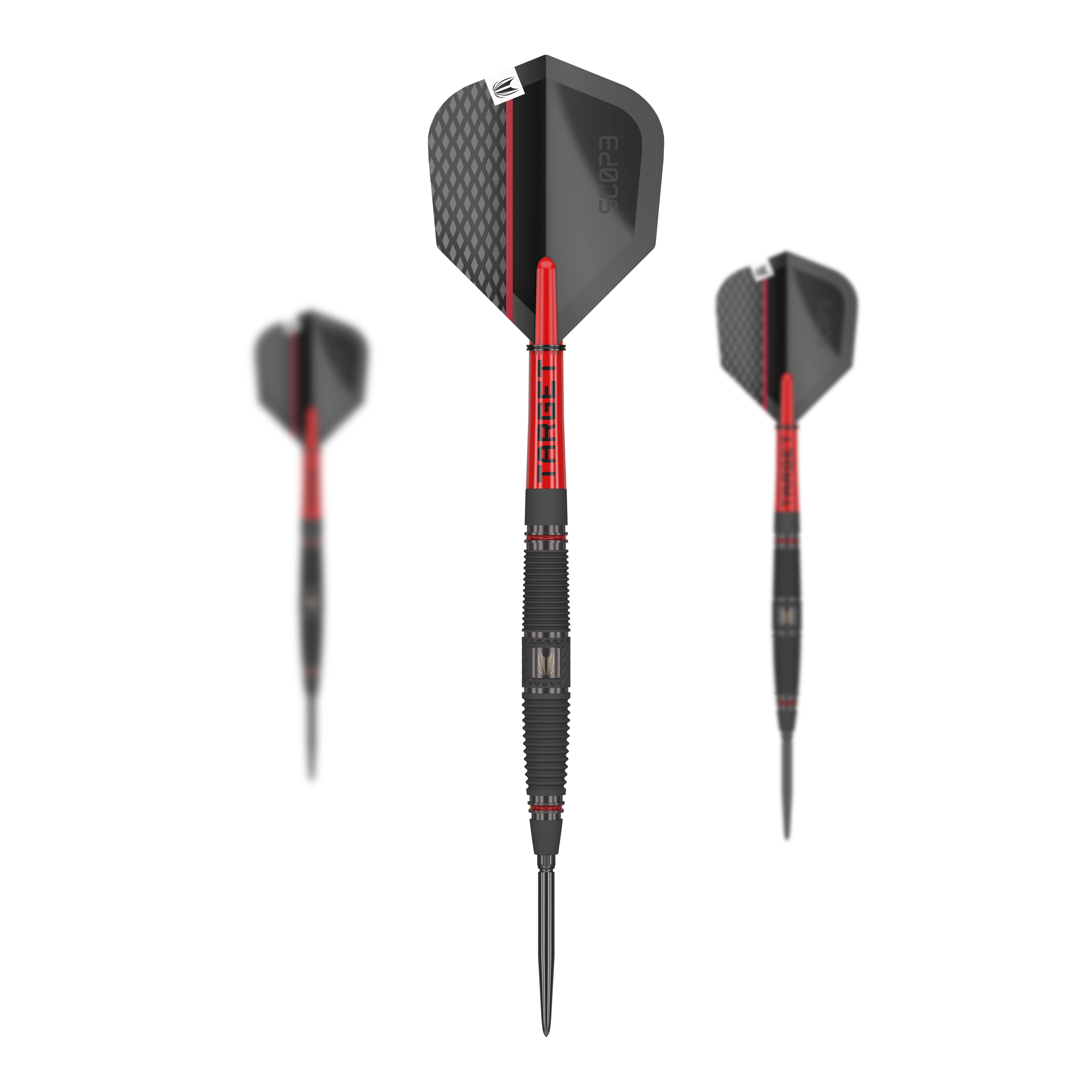 Target Scope 04 Swiss Point steel darts Auf dem Bild sind drei Steeldarts des Modells "Target Scope 04 Swiss Point" zu sehen. Die Darts haben ein modernes Design in Schwarz und Rot mit auffälligen Details.