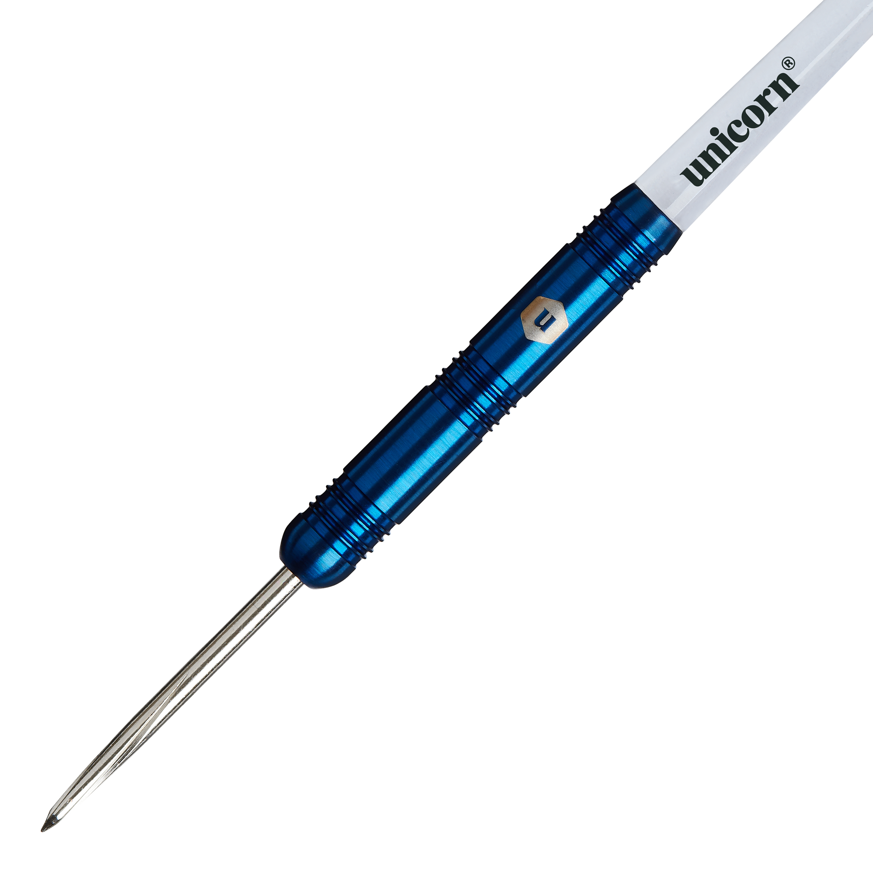 Auf dem Bild ist ein Steeldart der Marke „Unicorn Prodigy 01 Parallel“ zu sehen. Der Dart hat einen blauen Metallkörper und einen weißen Schaft mit dem Schriftzug „unicorn“.