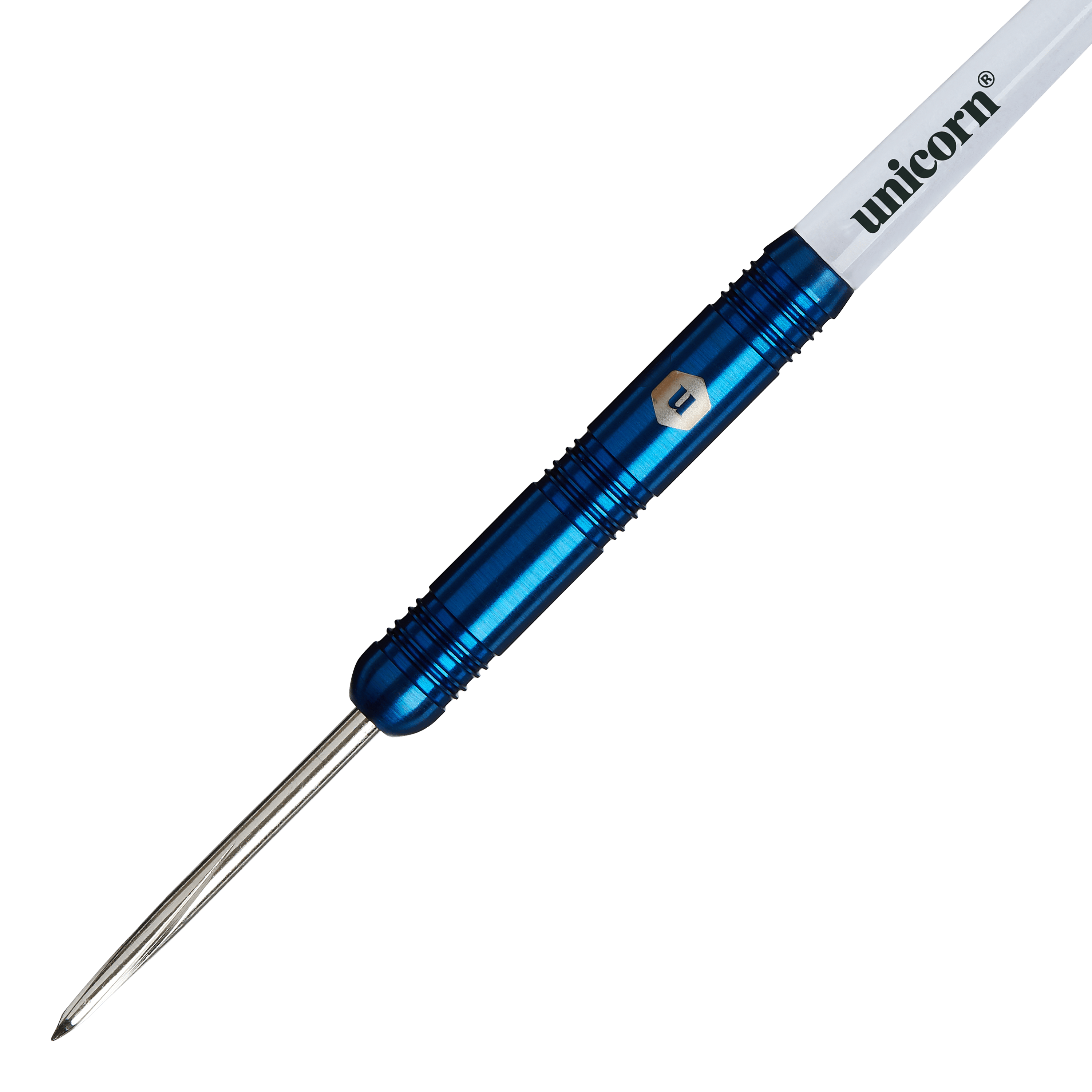 Unicorn Prodigy 01 Parallel Steeldarts Auf dem Bild ist ein Steeldart der Marke „Unicorn Prodigy 01 Parallel“ zu sehen. Der Dart hat einen blauen Metallkörper und einen weißen Schaft mit dem Schriftzug „unicorn“.